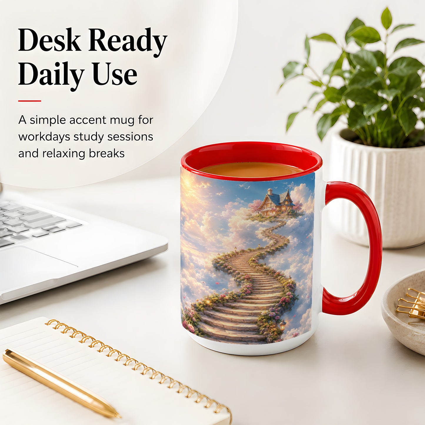 #pl[15oz|Red] Cloud Cottage Stairway Ceramic Mug, Whimsical Sky Cottage Art