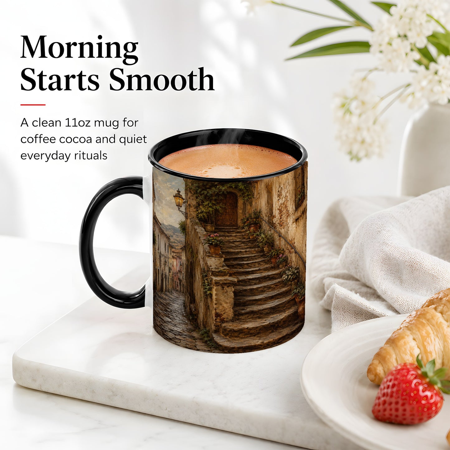 #pl[11oz|Black] Old Village Staircase Ceramic Mug, Rustic European Street Art