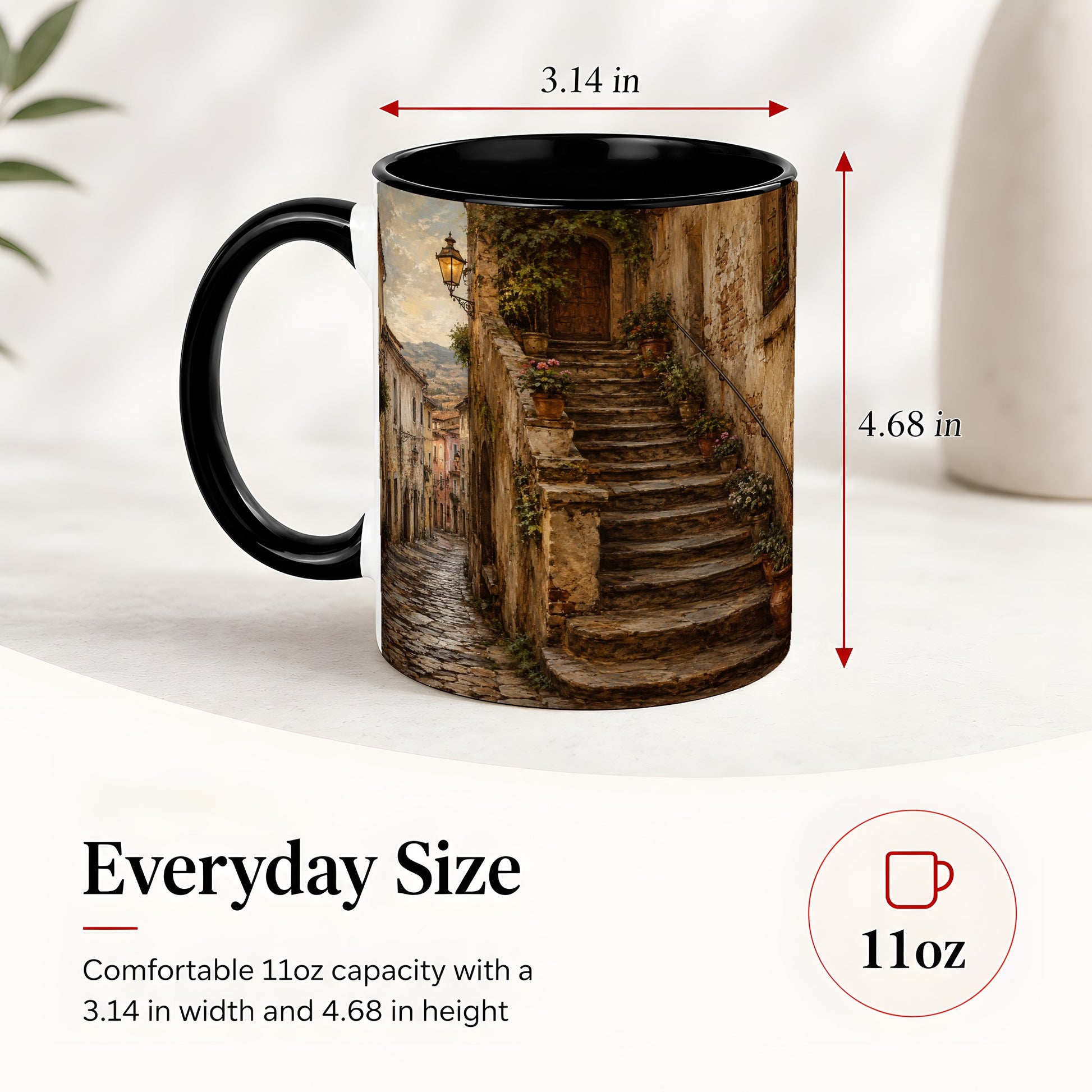 #pl[11oz|Black] Old Village Staircase Ceramic Mug, Rustic European Street Art