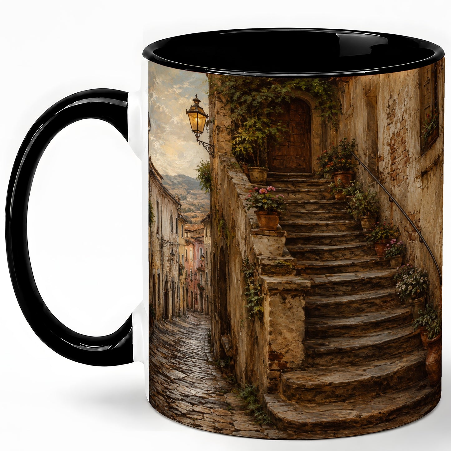 #pl[11oz|Black] Old Village Staircase Ceramic Mug, Rustic European Street Art
