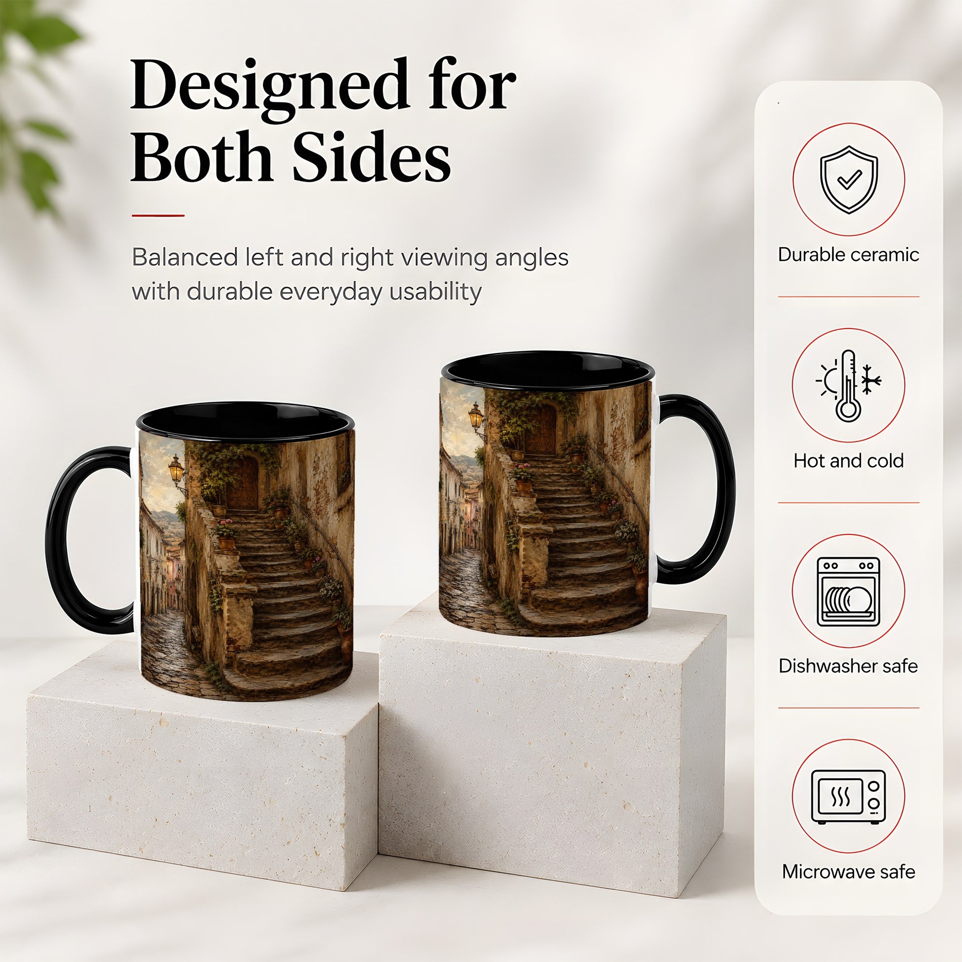 #pl[11oz|Black] Old Village Staircase Ceramic Mug, Rustic European Street Art