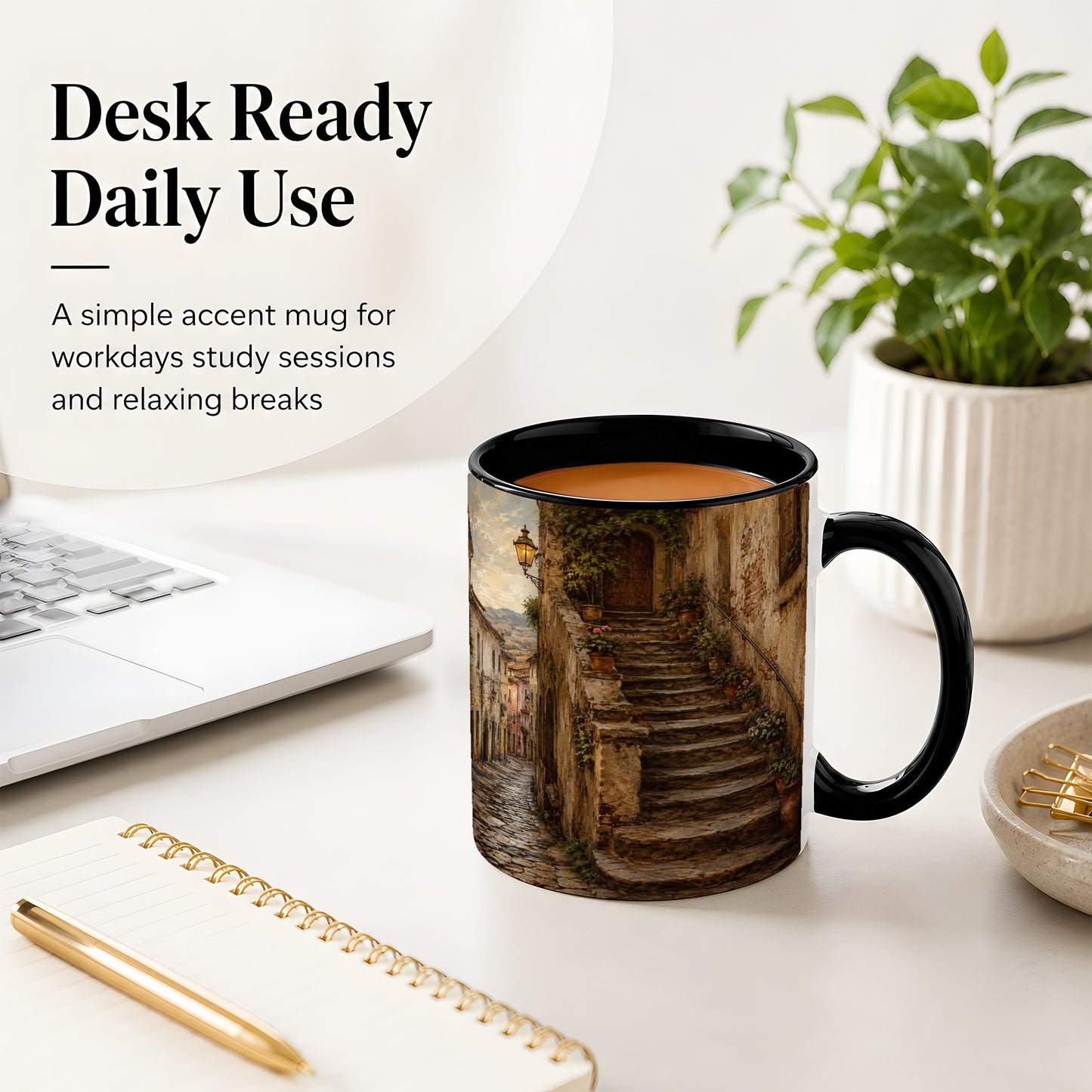 #pl[11oz|Black] Old Village Staircase Ceramic Mug, Rustic European Street Art