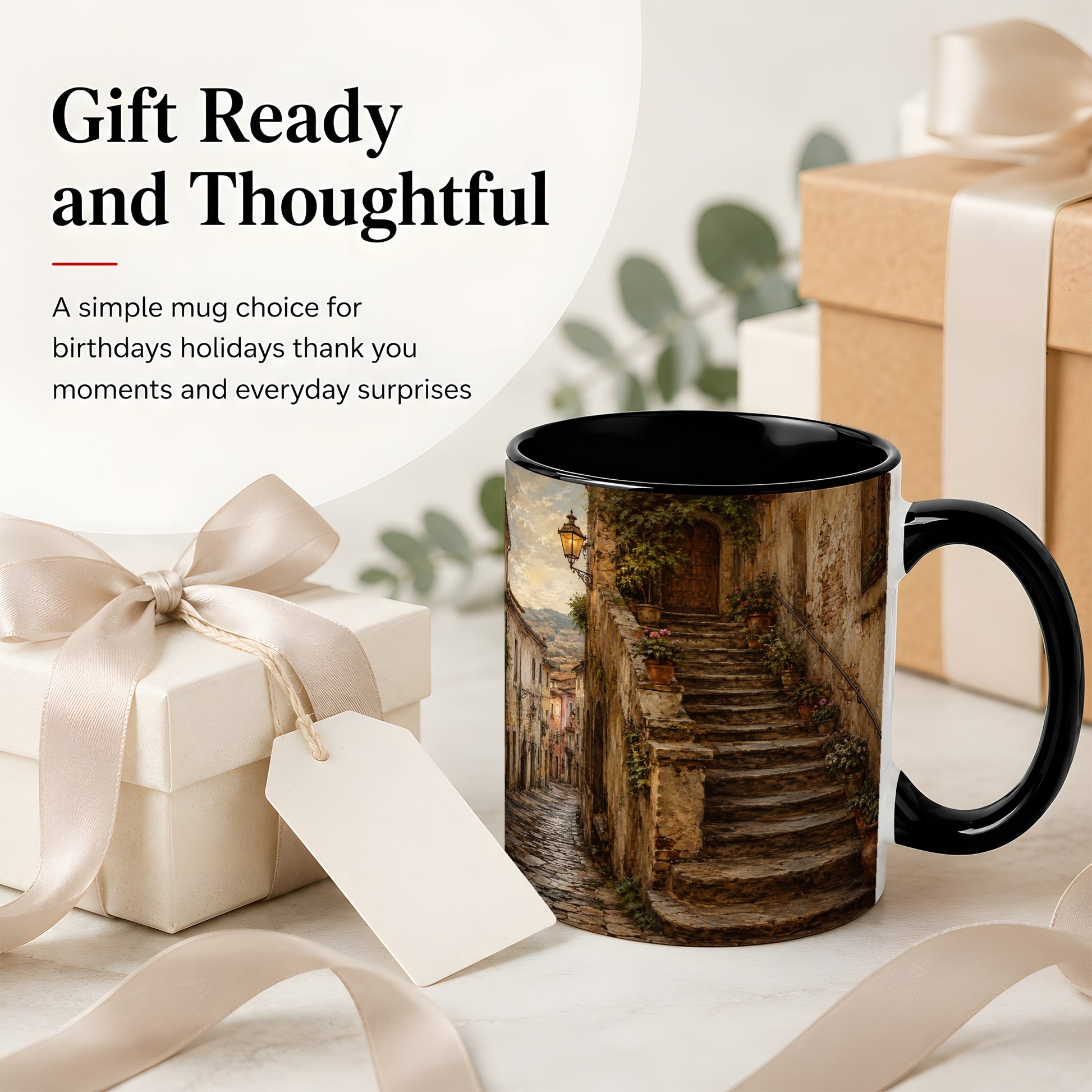 #pl[11oz|Black] Old Village Staircase Ceramic Mug, Rustic European Street Art
