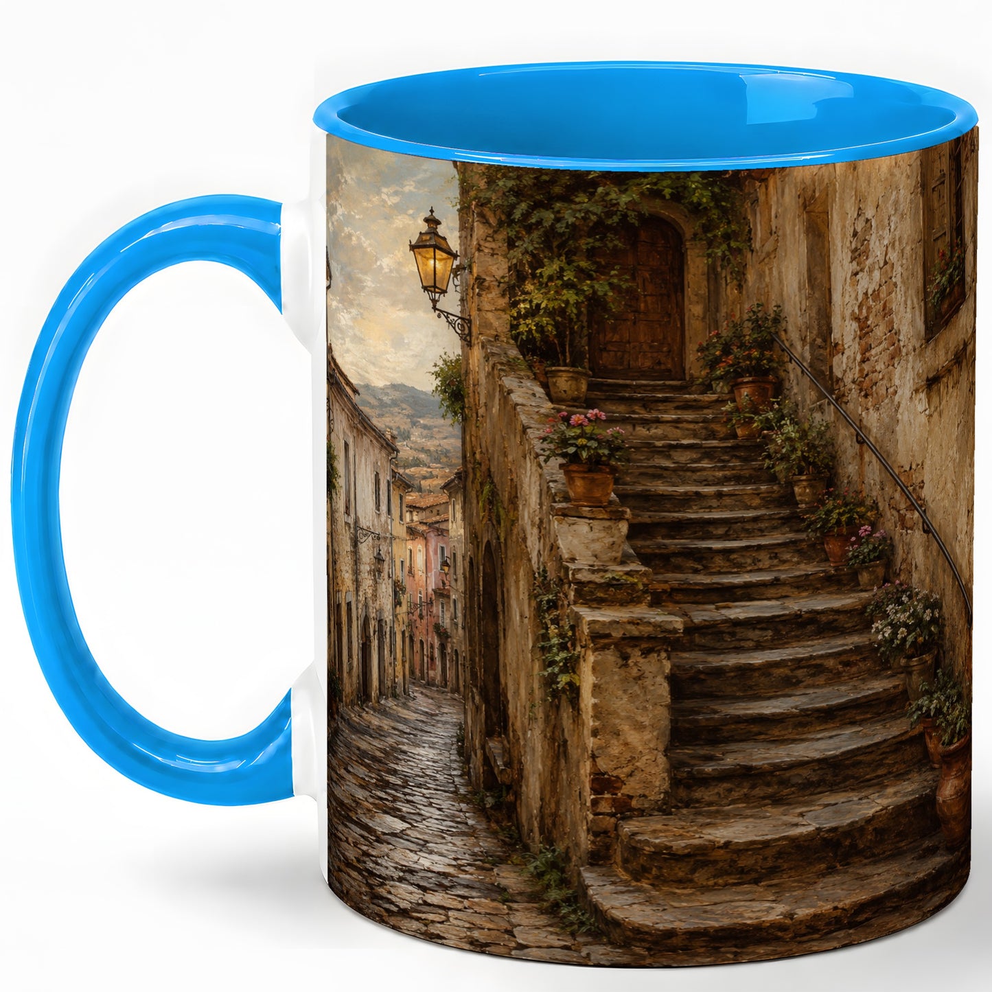 #pl[11oz|Blue] Old Village Staircase Ceramic Mug, Rustic European Street Art