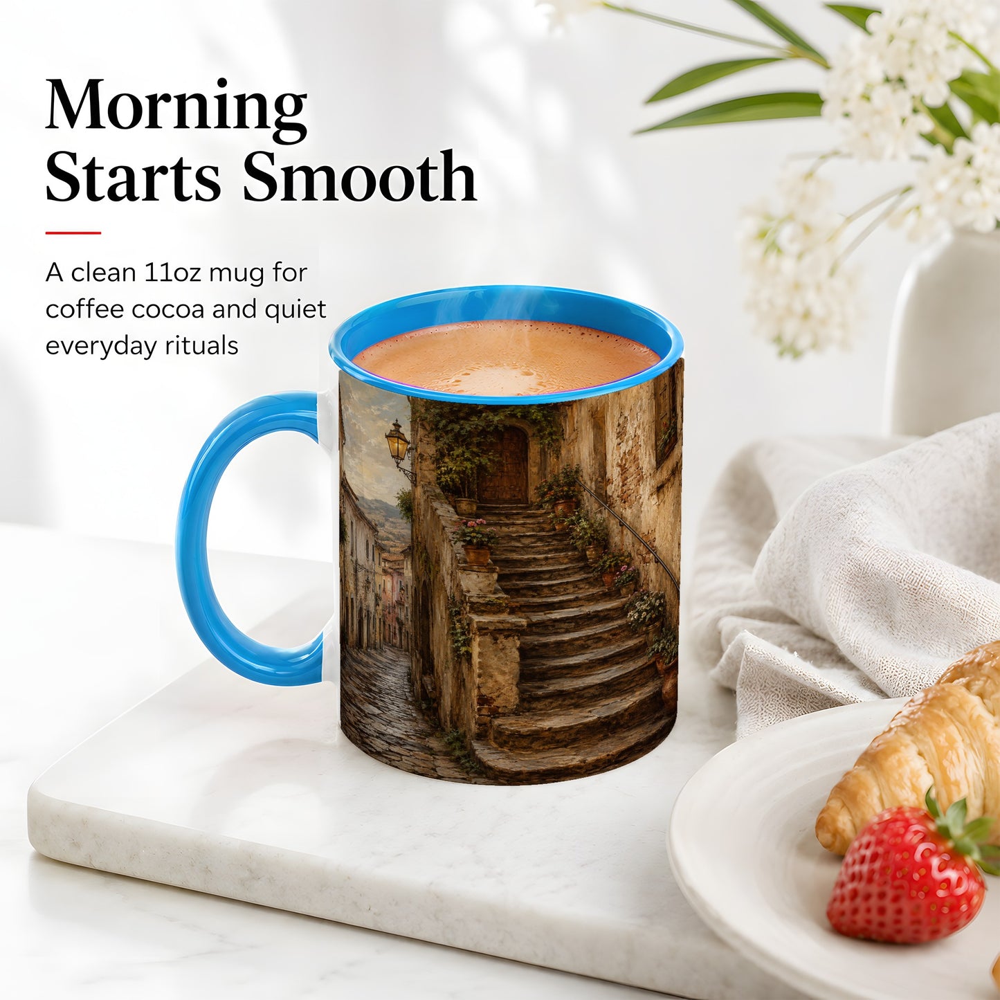 #pl[11oz|Blue] Old Village Staircase Ceramic Mug, Rustic European Street Art
