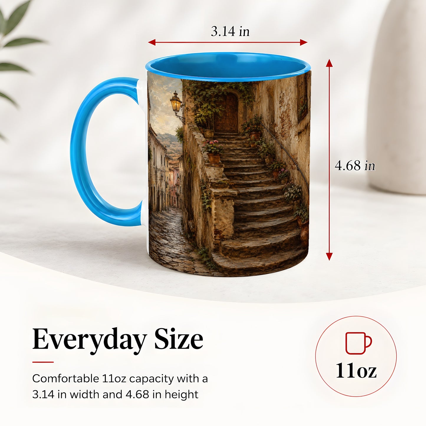 #pl[11oz|Blue] Old Village Staircase Ceramic Mug, Rustic European Street Art