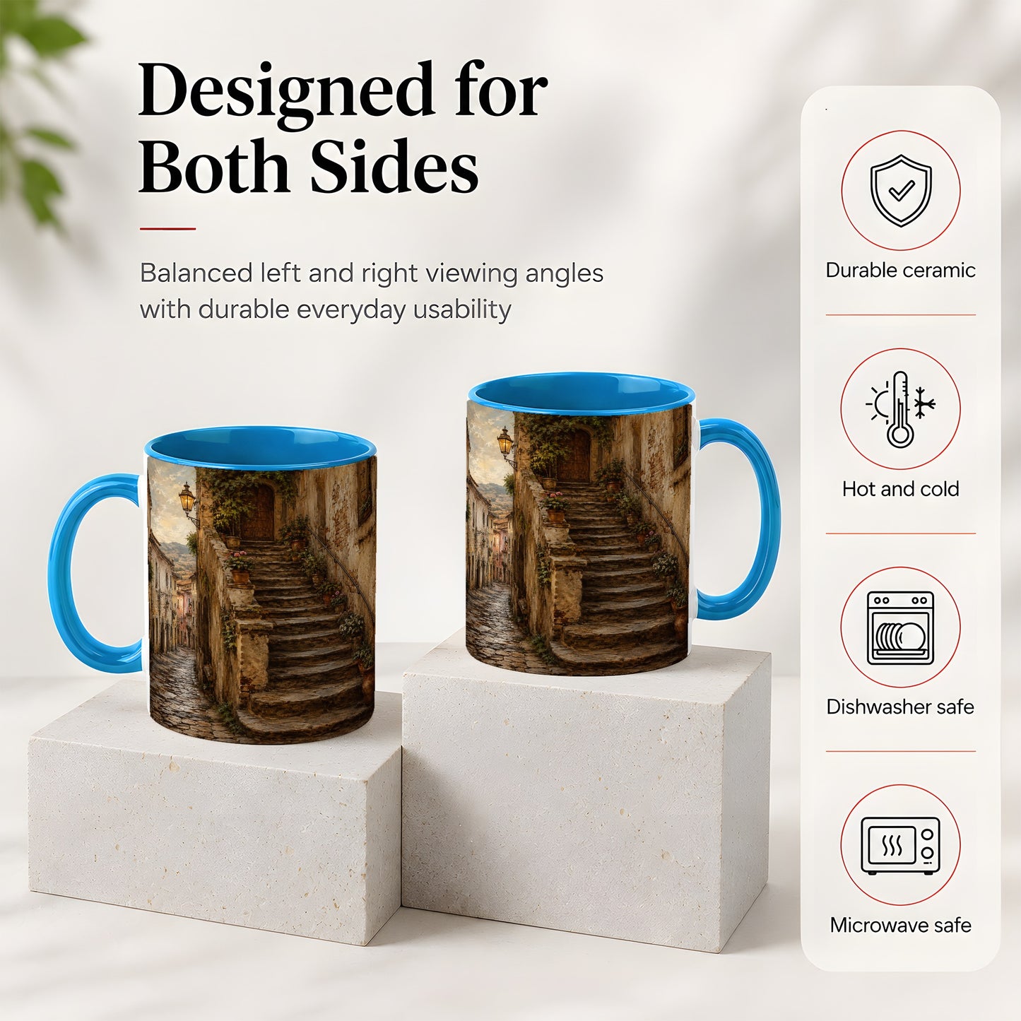 #pl[11oz|Blue] Old Village Staircase Ceramic Mug, Rustic European Street Art
