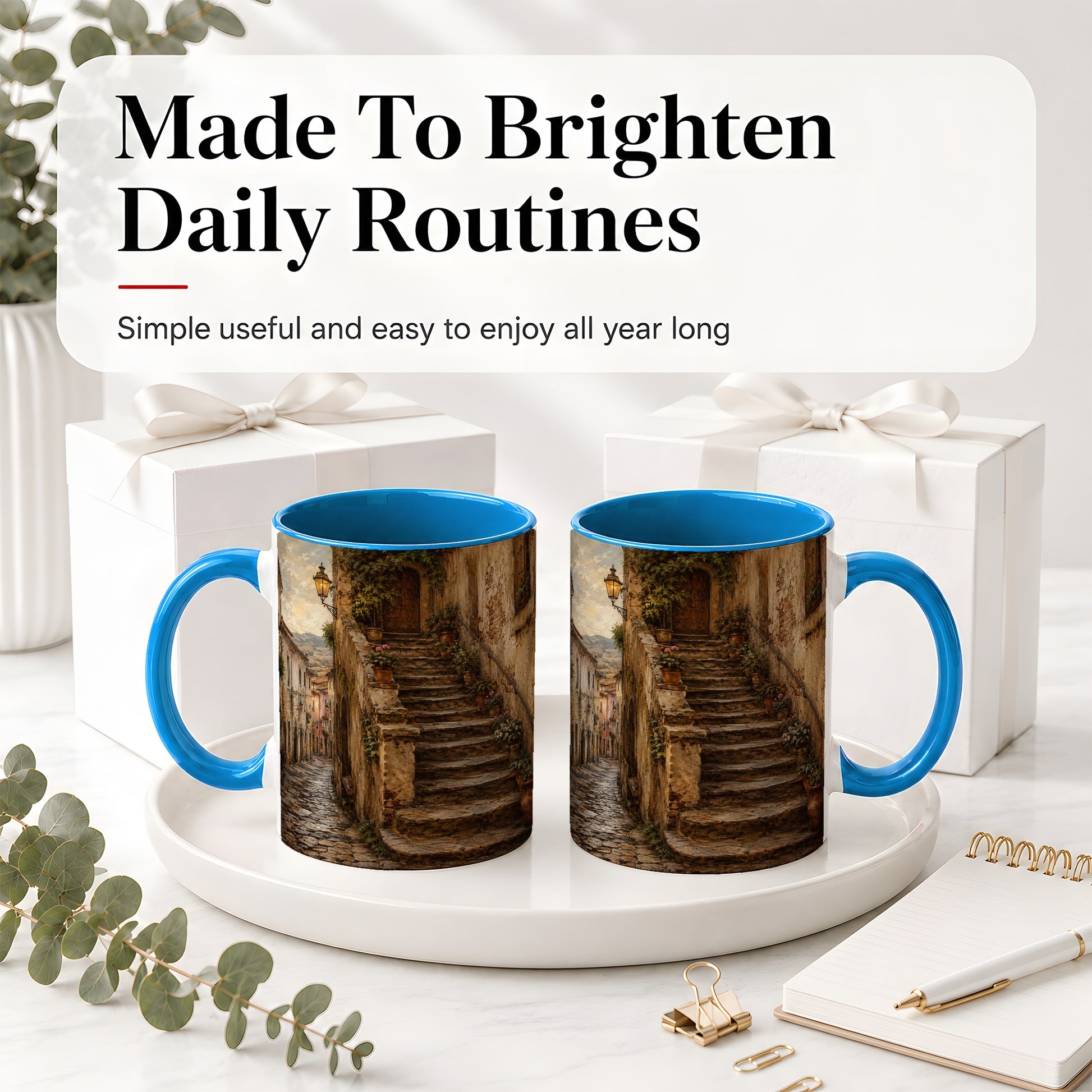#pl[11oz|Blue] Old Village Staircase Ceramic Mug, Rustic European Street Art