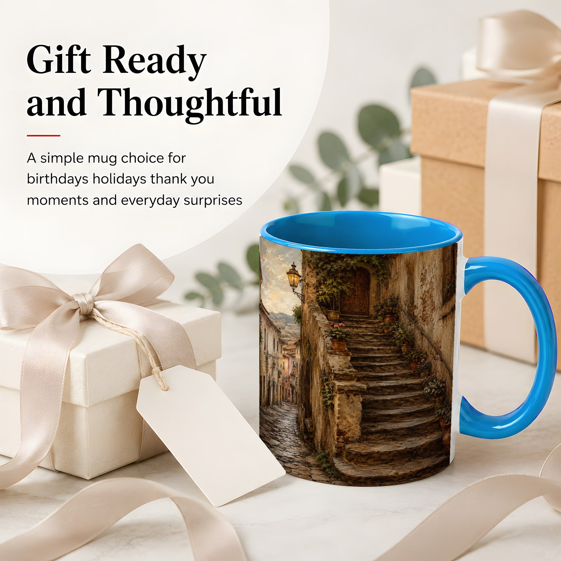 #pl[11oz|Blue] Old Village Staircase Ceramic Mug, Rustic European Street Art