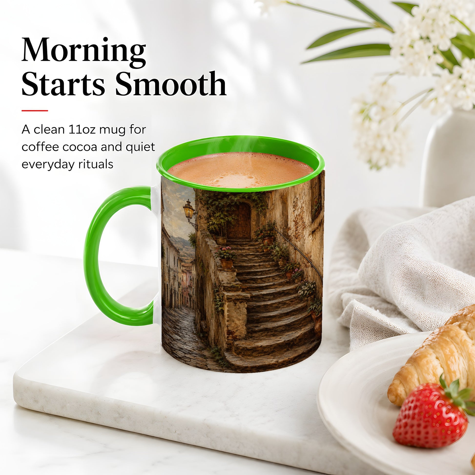 #pl[11oz|Green] Old Village Staircase Ceramic Mug, Rustic European Street Art