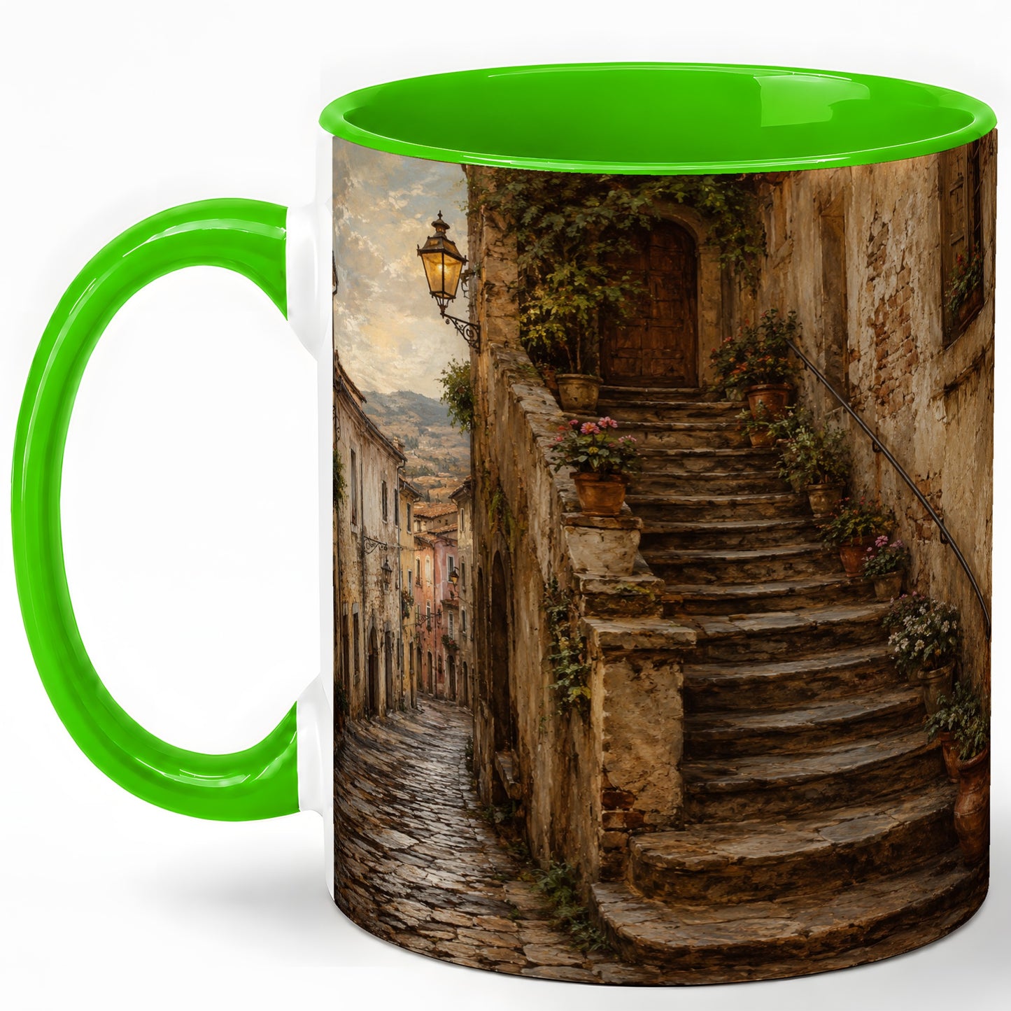 #pl[11oz|Green] Old Village Staircase Ceramic Mug, Rustic European Street Art