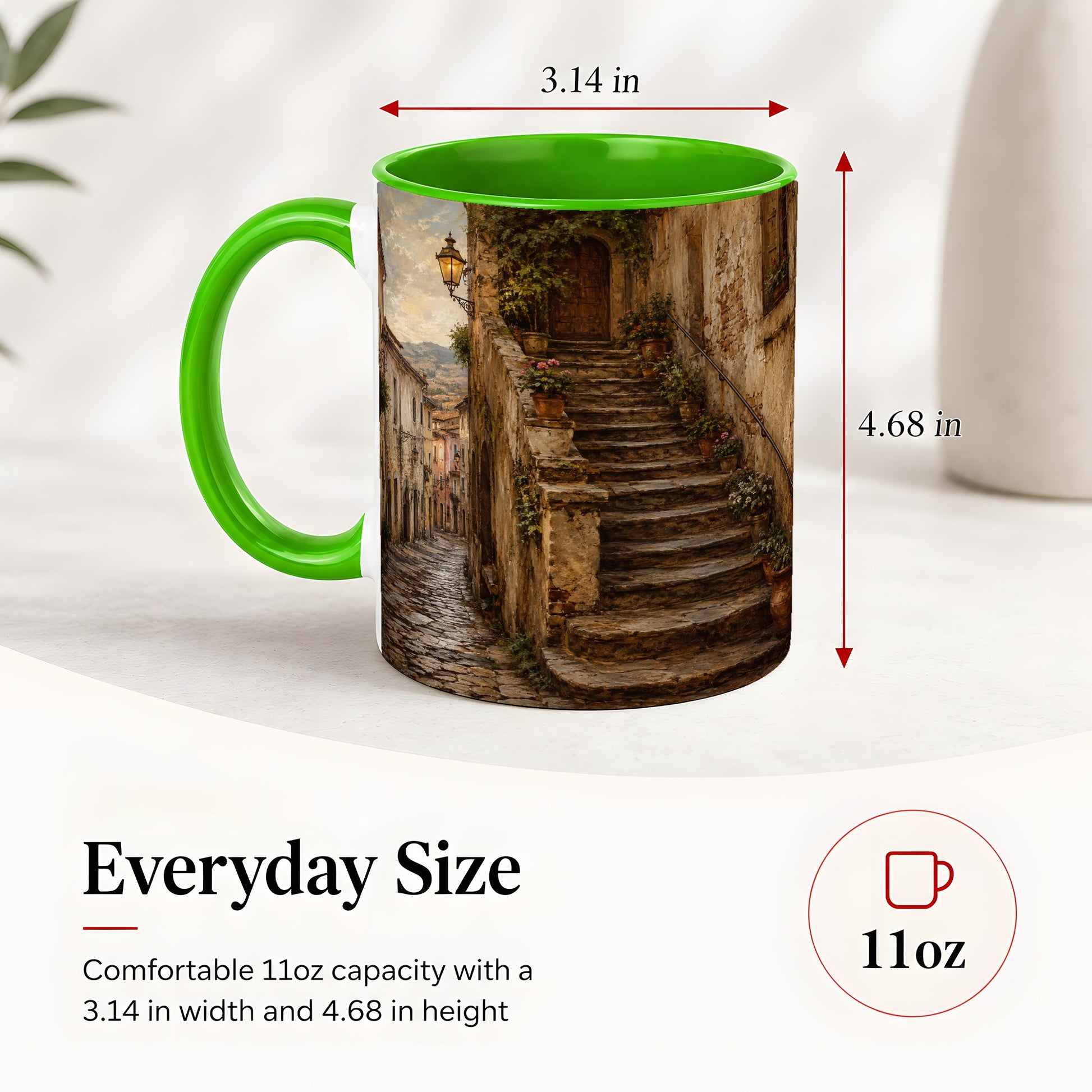 #pl[11oz|Green] Old Village Staircase Ceramic Mug, Rustic European Street Art