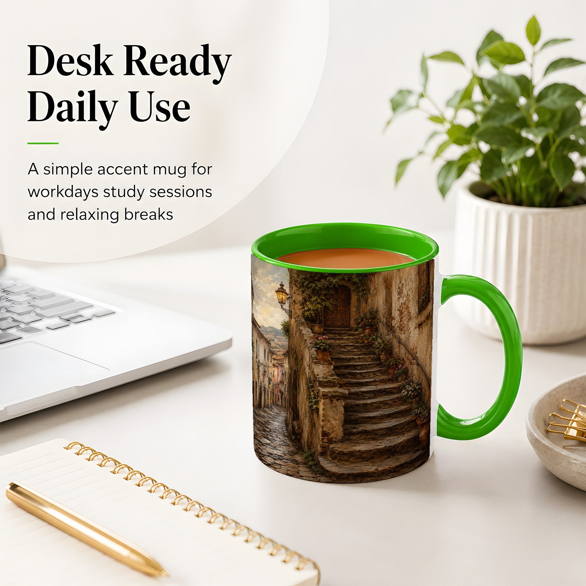 #pl[11oz|Green] Old Village Staircase Ceramic Mug, Rustic European Street Art