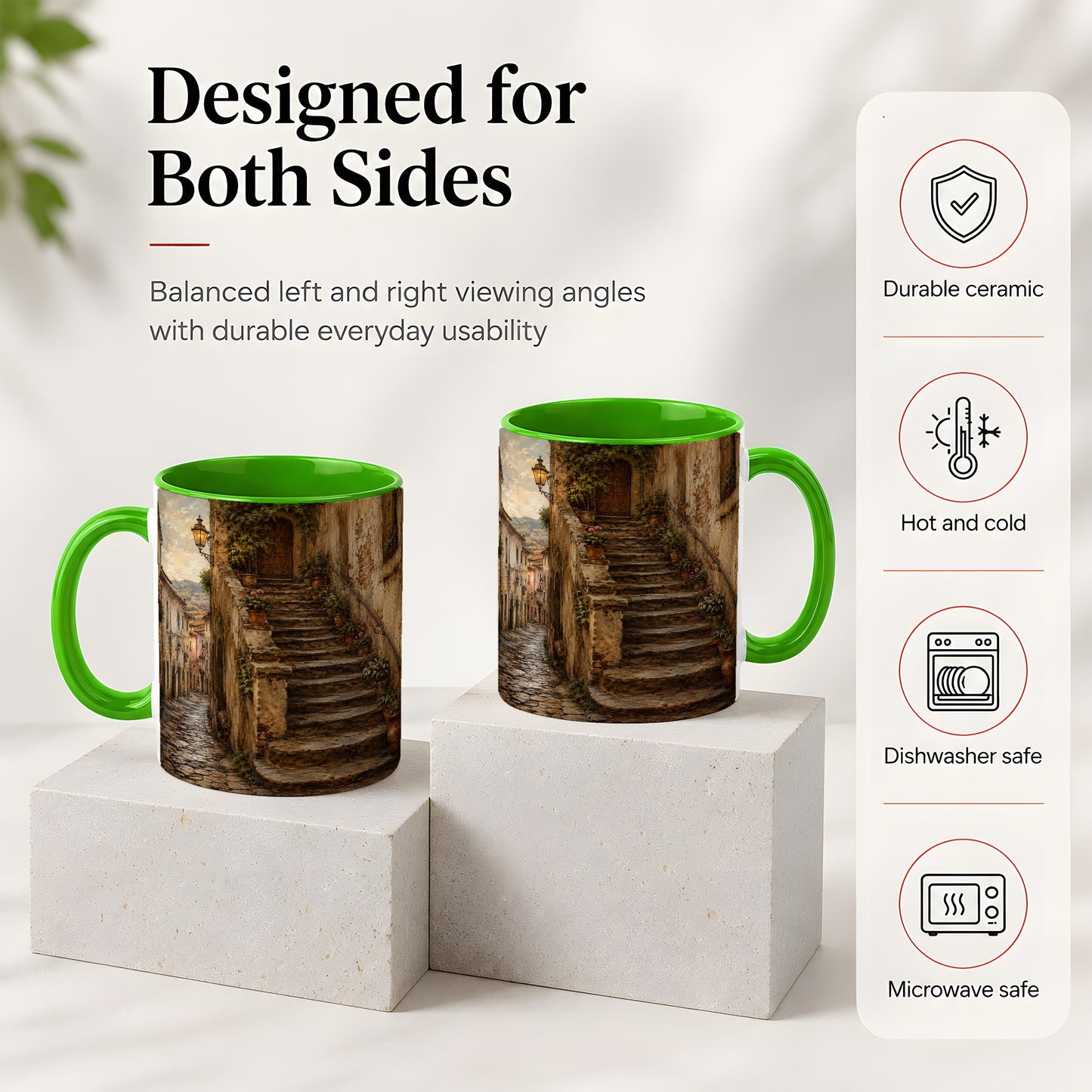 #pl[11oz|Green] Old Village Staircase Ceramic Mug, Rustic European Street Art