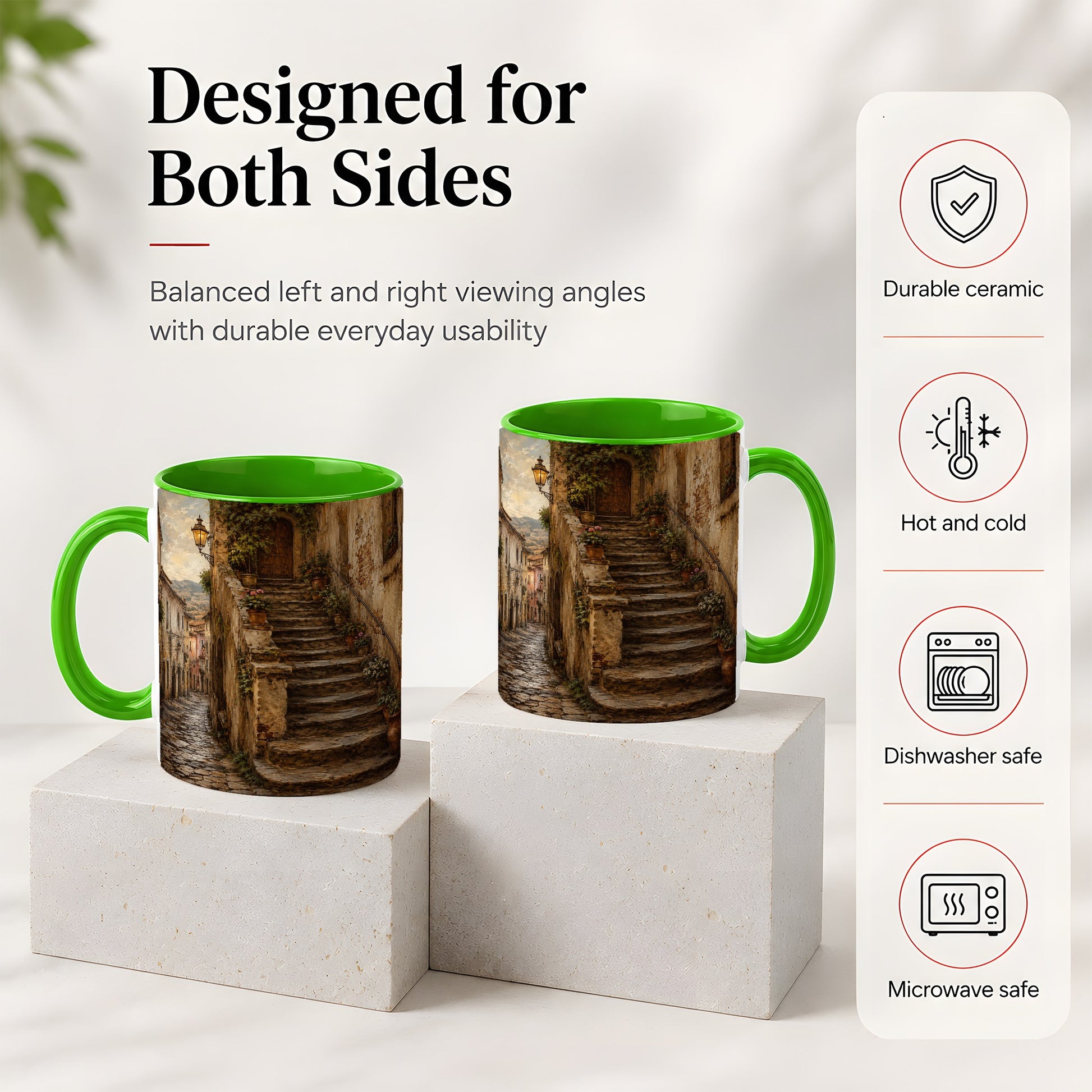 #pl[11oz|Green] Old Village Staircase Ceramic Mug, Rustic European Street Art