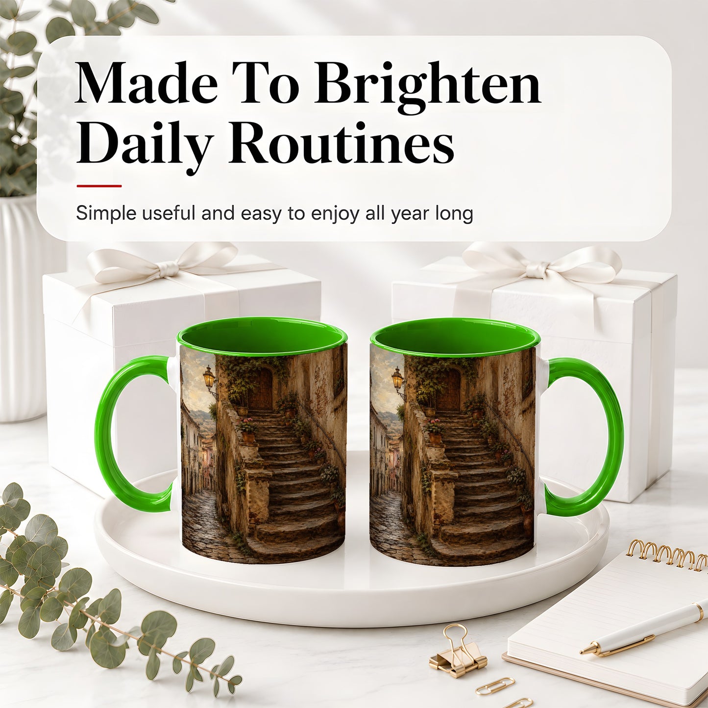 #pl[11oz|Green] Old Village Staircase Ceramic Mug, Rustic European Street Art