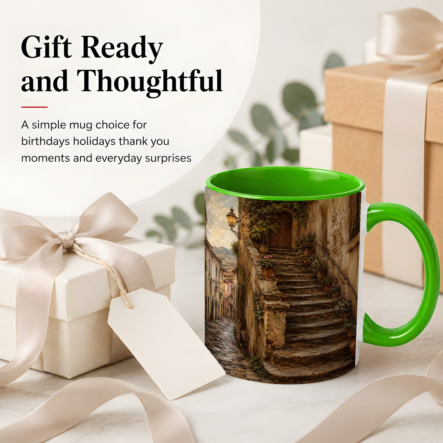 #pl[11oz|Green] Old Village Staircase Ceramic Mug, Rustic European Street Art