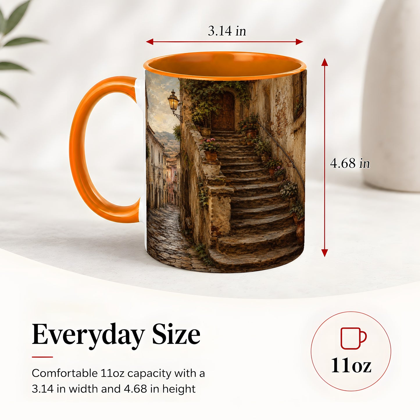 #pl[11oz|Orange] Old Village Staircase Ceramic Mug, Rustic European Street Art