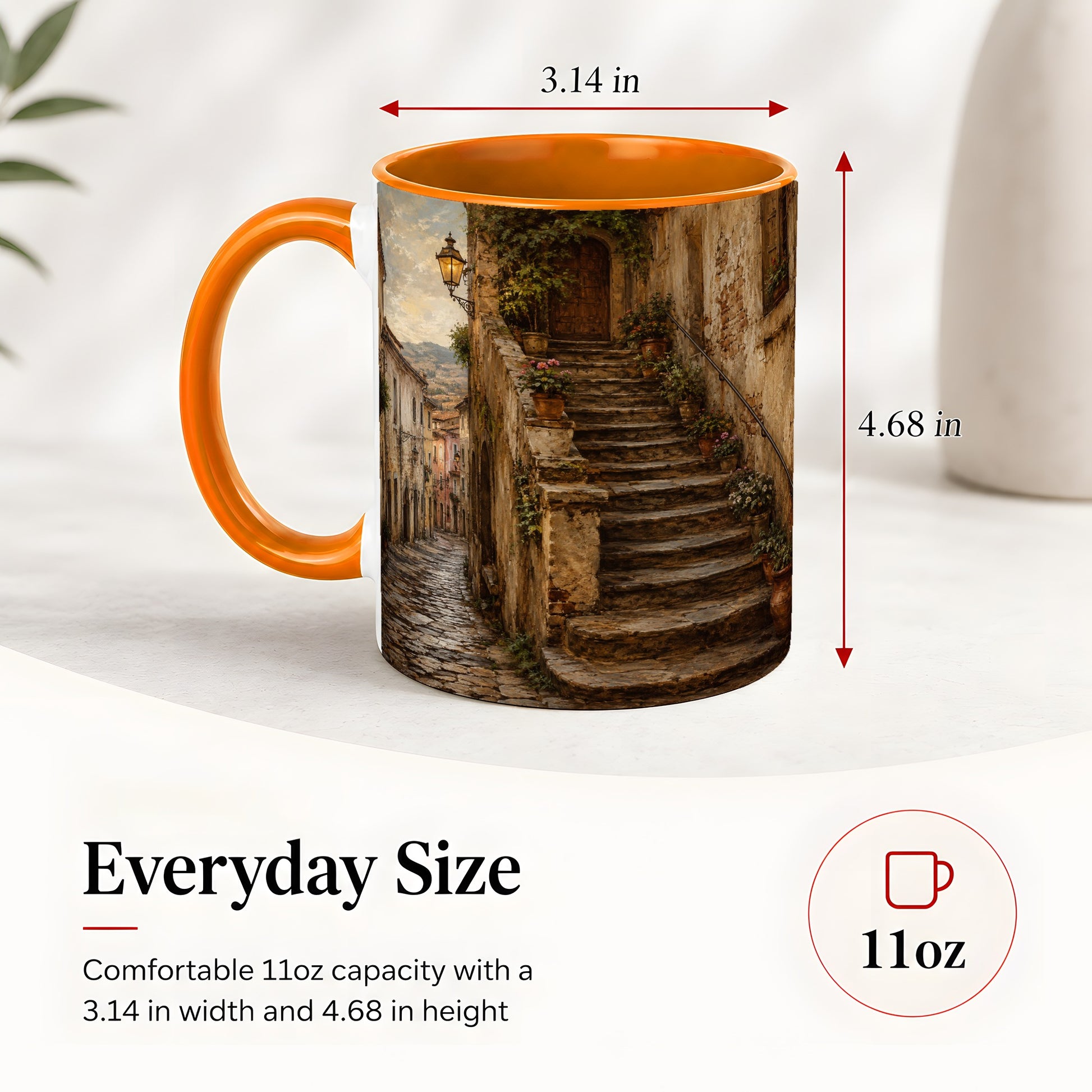 #pl[11oz|Orange] Old Village Staircase Ceramic Mug, Rustic European Street Art
