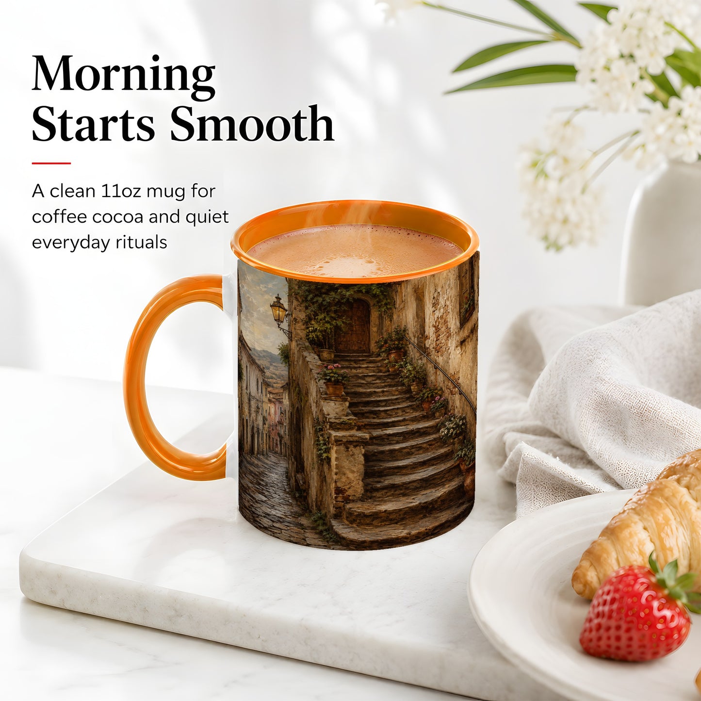 #pl[11oz|Orange] Old Village Staircase Ceramic Mug, Rustic European Street Art