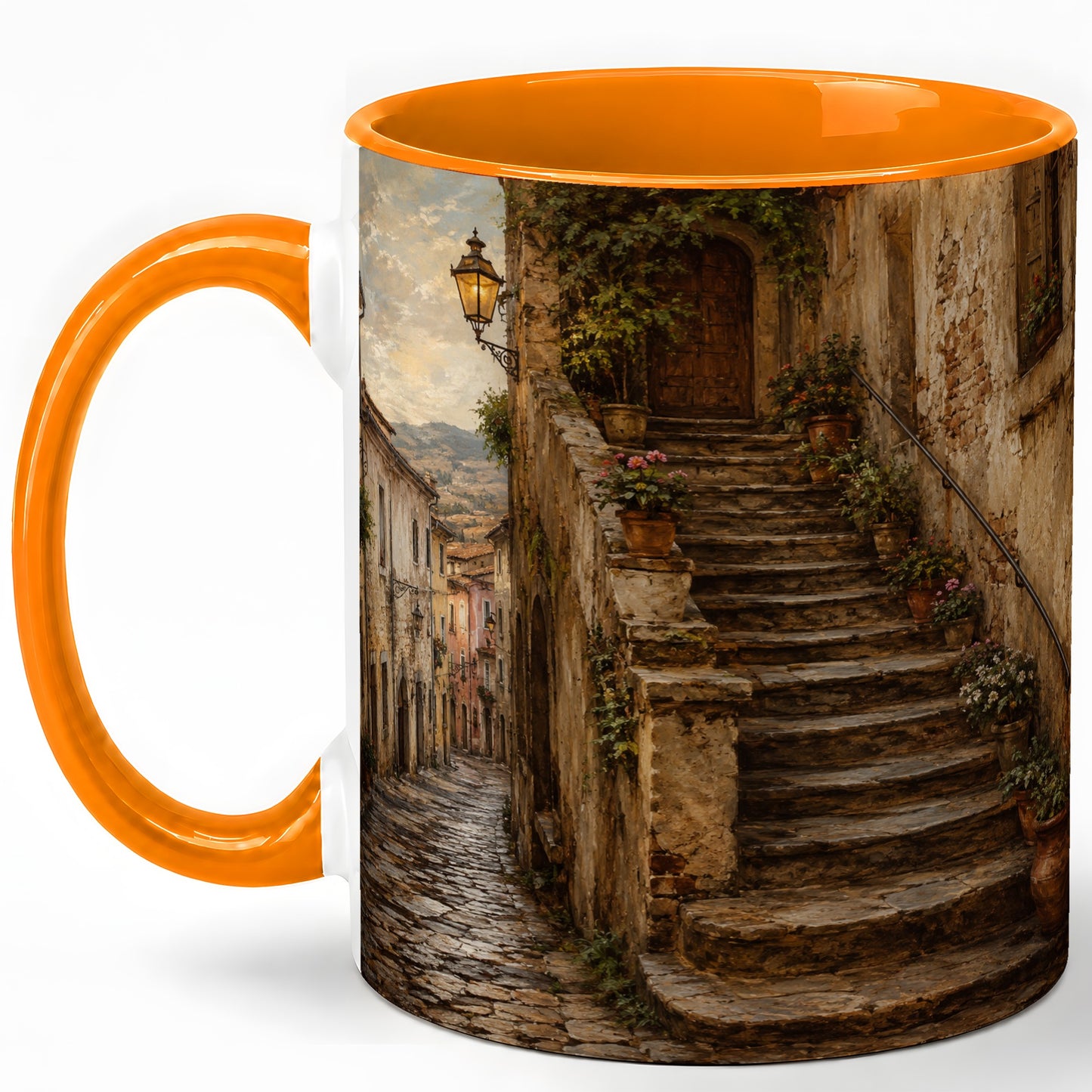 #pl[11oz|Orange] Old Village Staircase Ceramic Mug, Rustic European Street Art