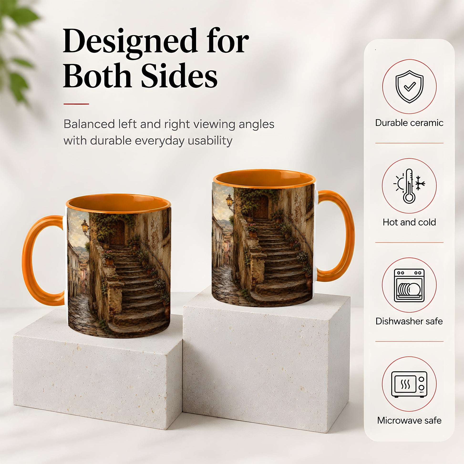 #pl[11oz|Orange] Old Village Staircase Ceramic Mug, Rustic European Street Art