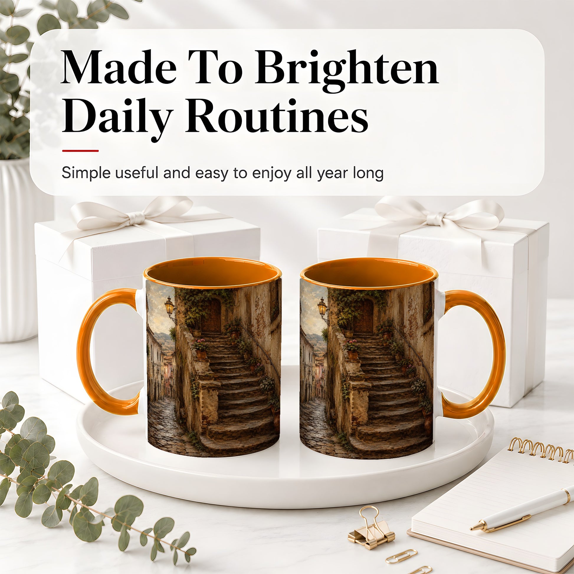 #pl[11oz|Orange] Old Village Staircase Ceramic Mug, Rustic European Street Art