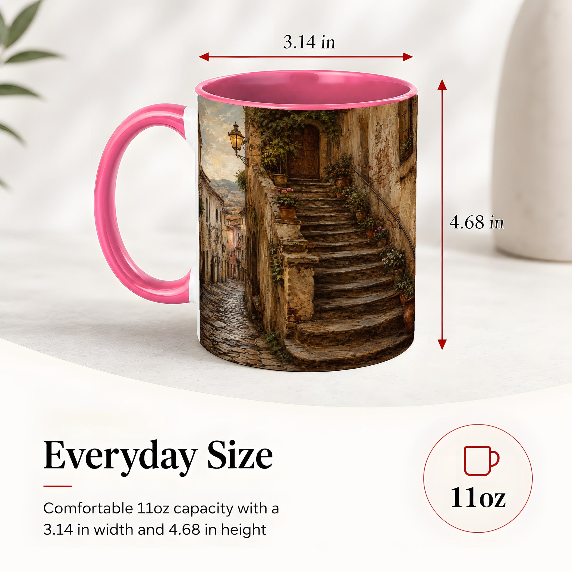 #pl[11oz|Pink] Old Village Staircase Ceramic Mug, Rustic European Street Art