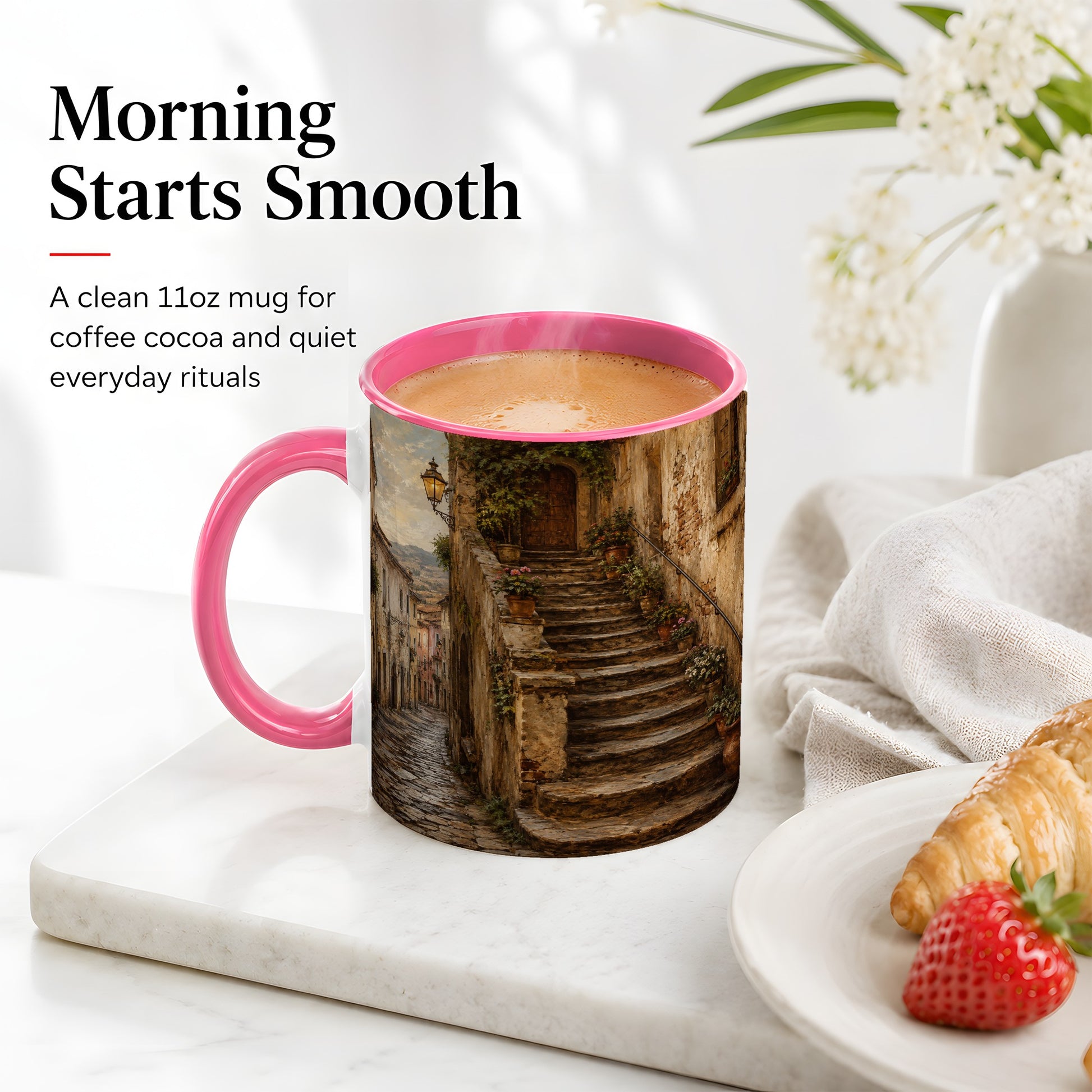 #pl[11oz|Pink] Old Village Staircase Ceramic Mug, Rustic European Street Art