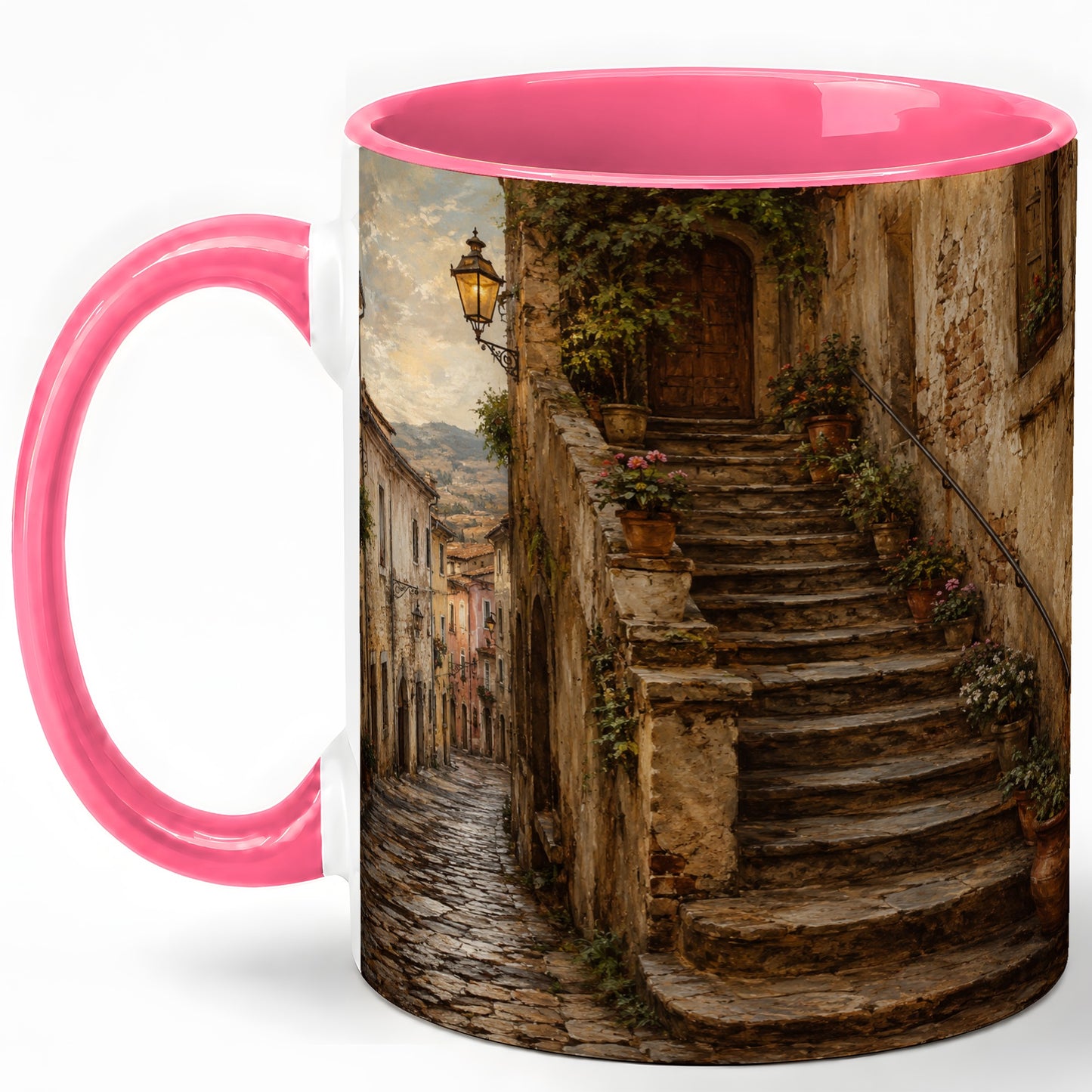 #pl[11oz|Pink] Old Village Staircase Ceramic Mug, Rustic European Street Art
