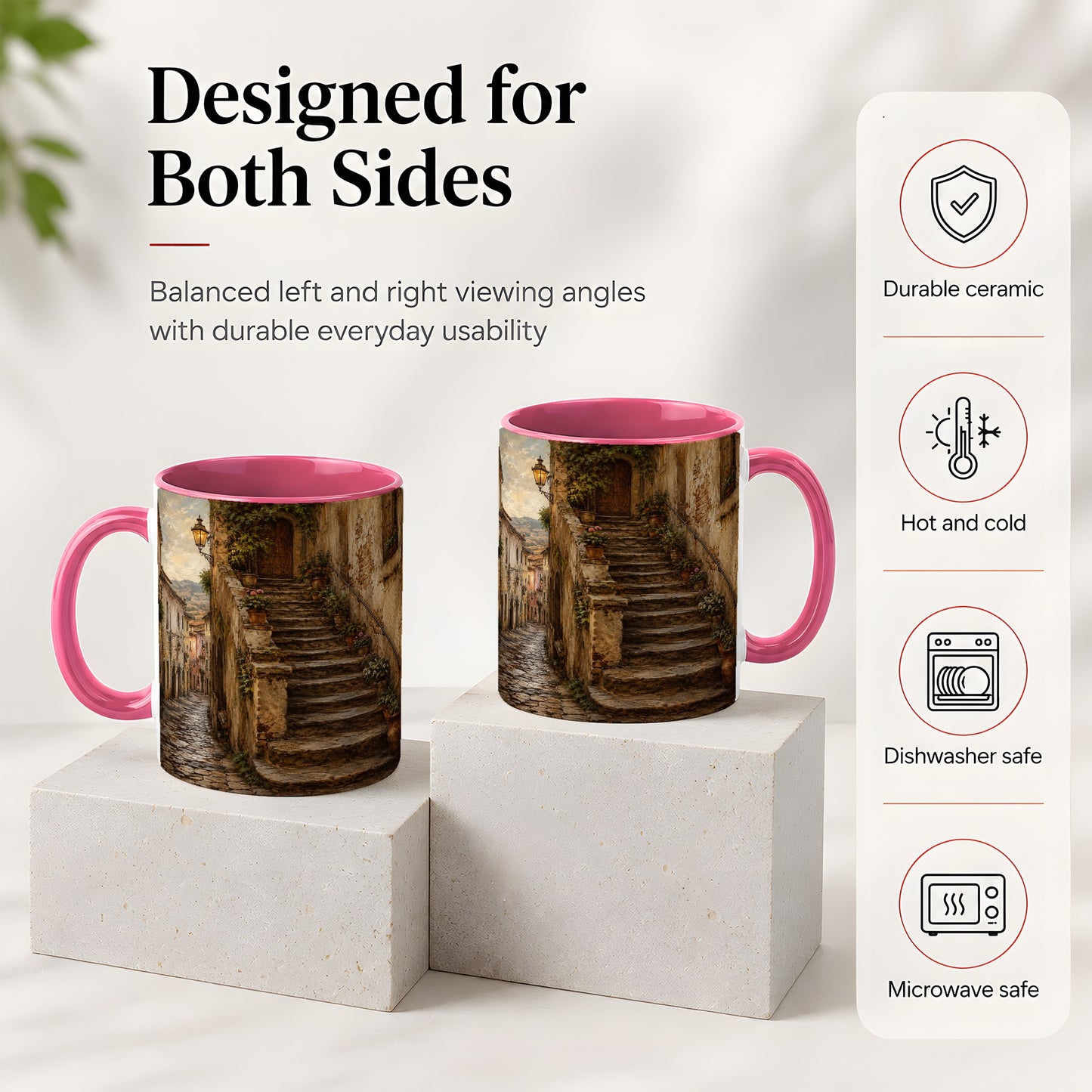 #pl[11oz|Pink] Old Village Staircase Ceramic Mug, Rustic European Street Art