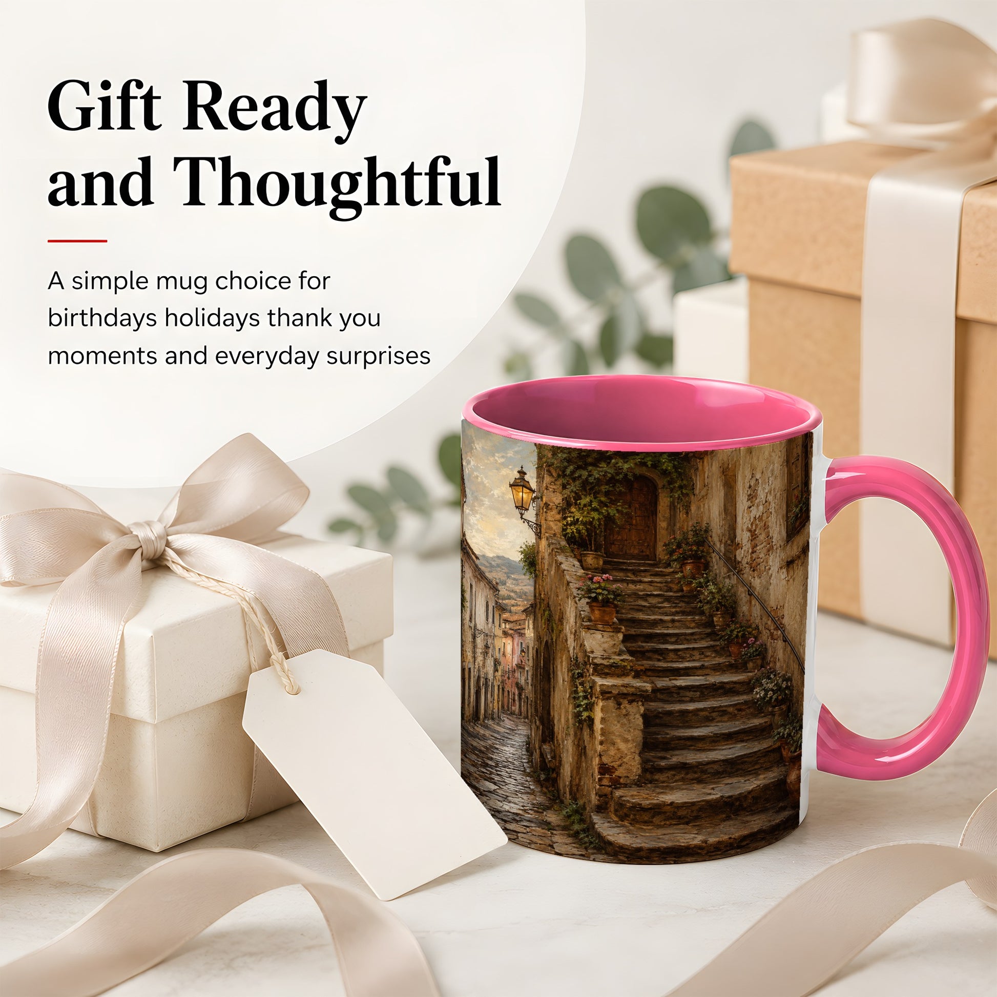 #pl[11oz|Pink] Old Village Staircase Ceramic Mug, Rustic European Street Art