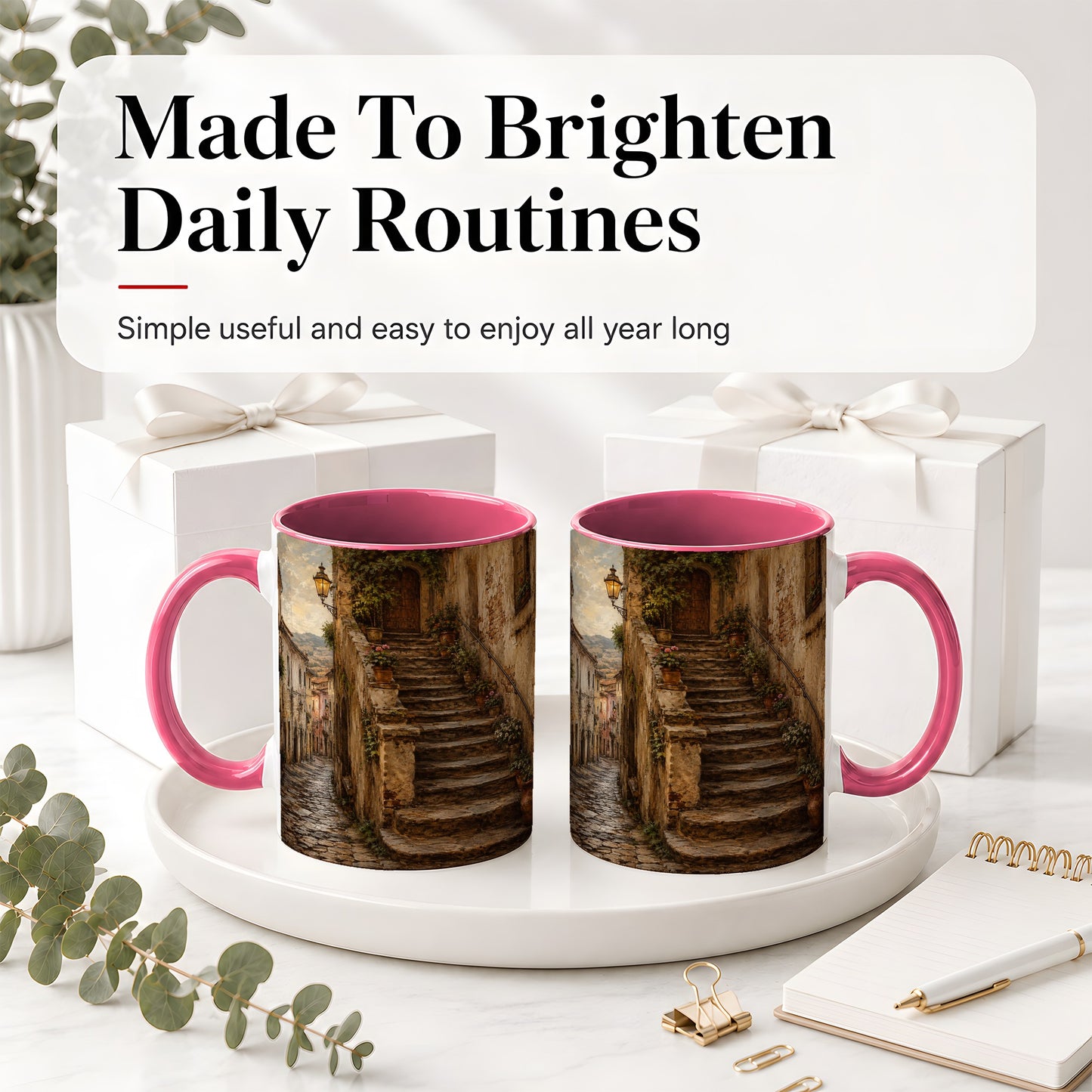 #pl[11oz|Pink] Old Village Staircase Ceramic Mug, Rustic European Street Art