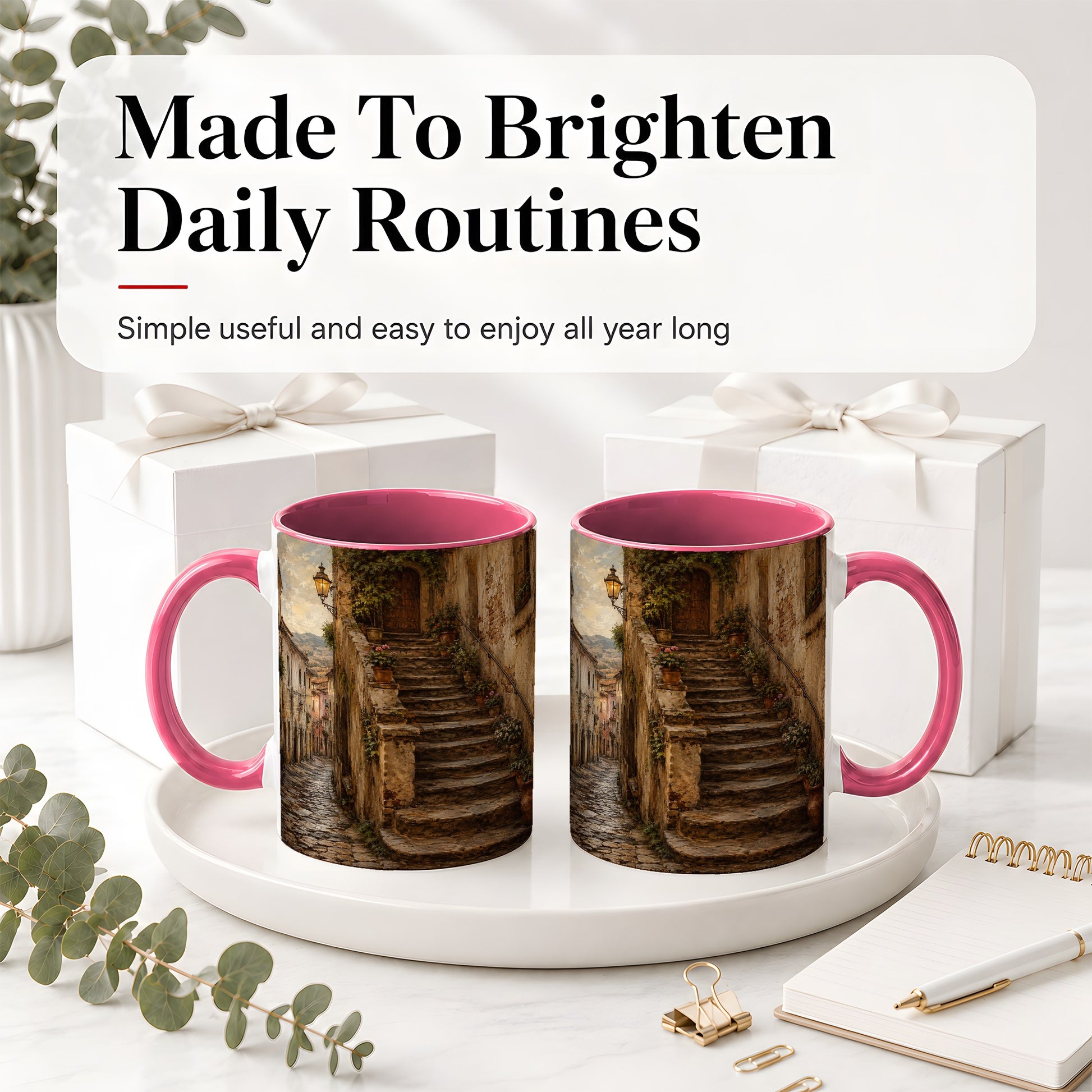 #pl[11oz|Pink] Old Village Staircase Ceramic Mug, Rustic European Street Art