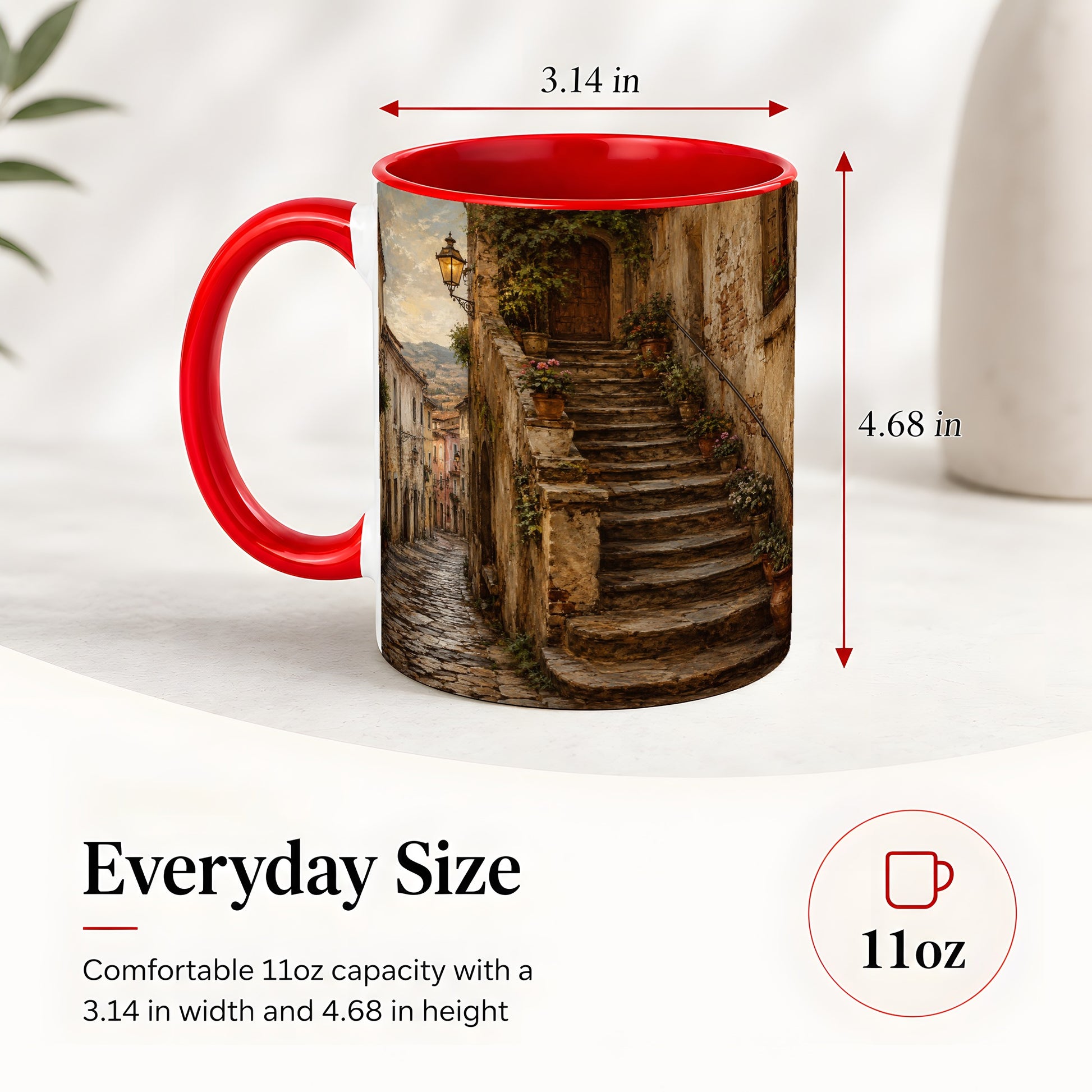 #pl[11oz|Red] Old Village Staircase Ceramic Mug, Rustic European Street Art