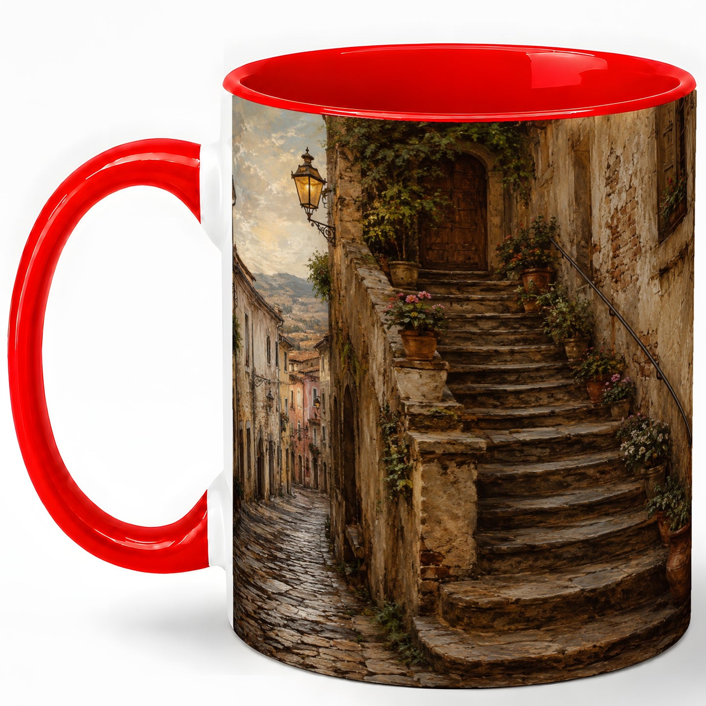Old Village Staircase Ceramic Mug, Rustic European Street Art