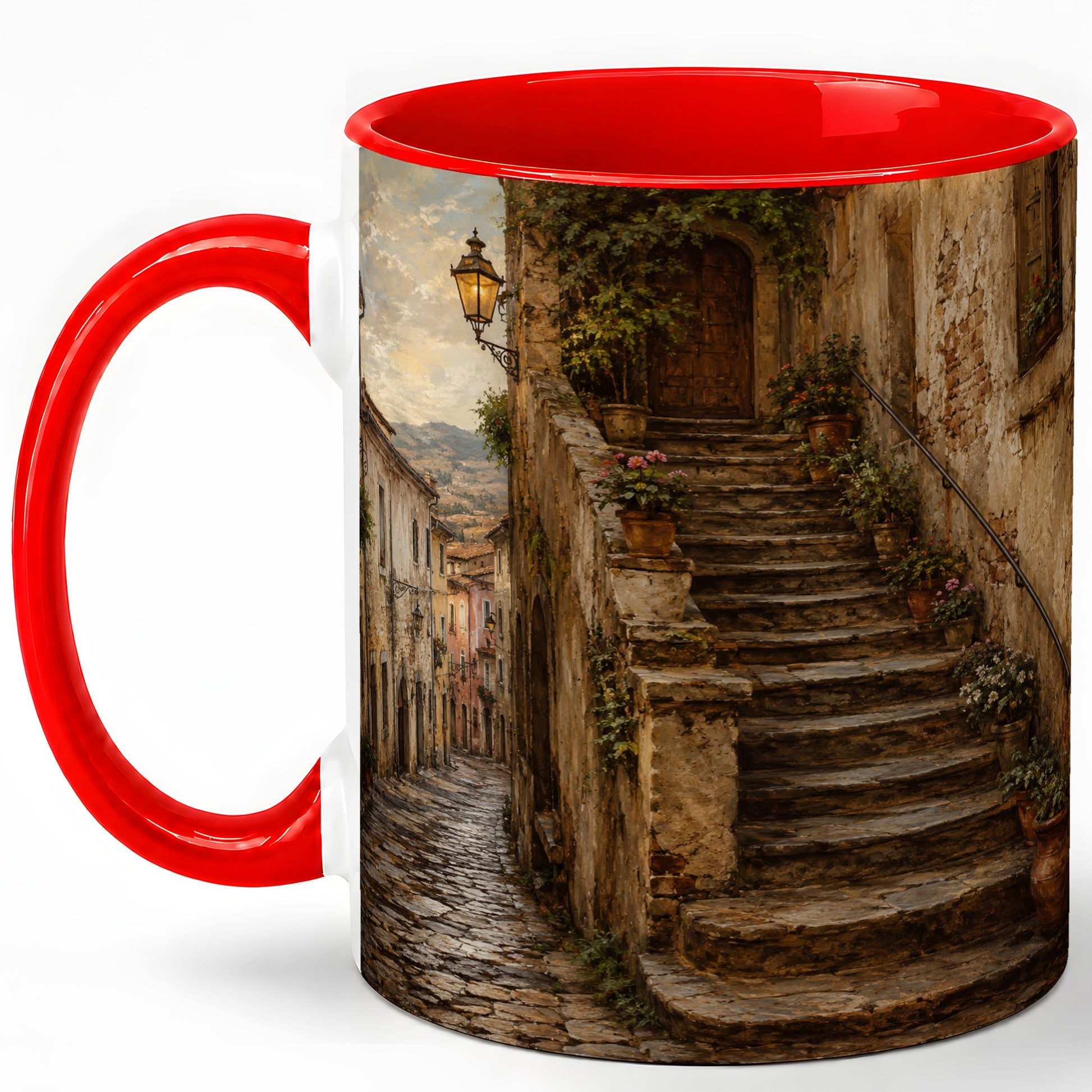 Old Village Staircase Ceramic Mug, Rustic European Street Art