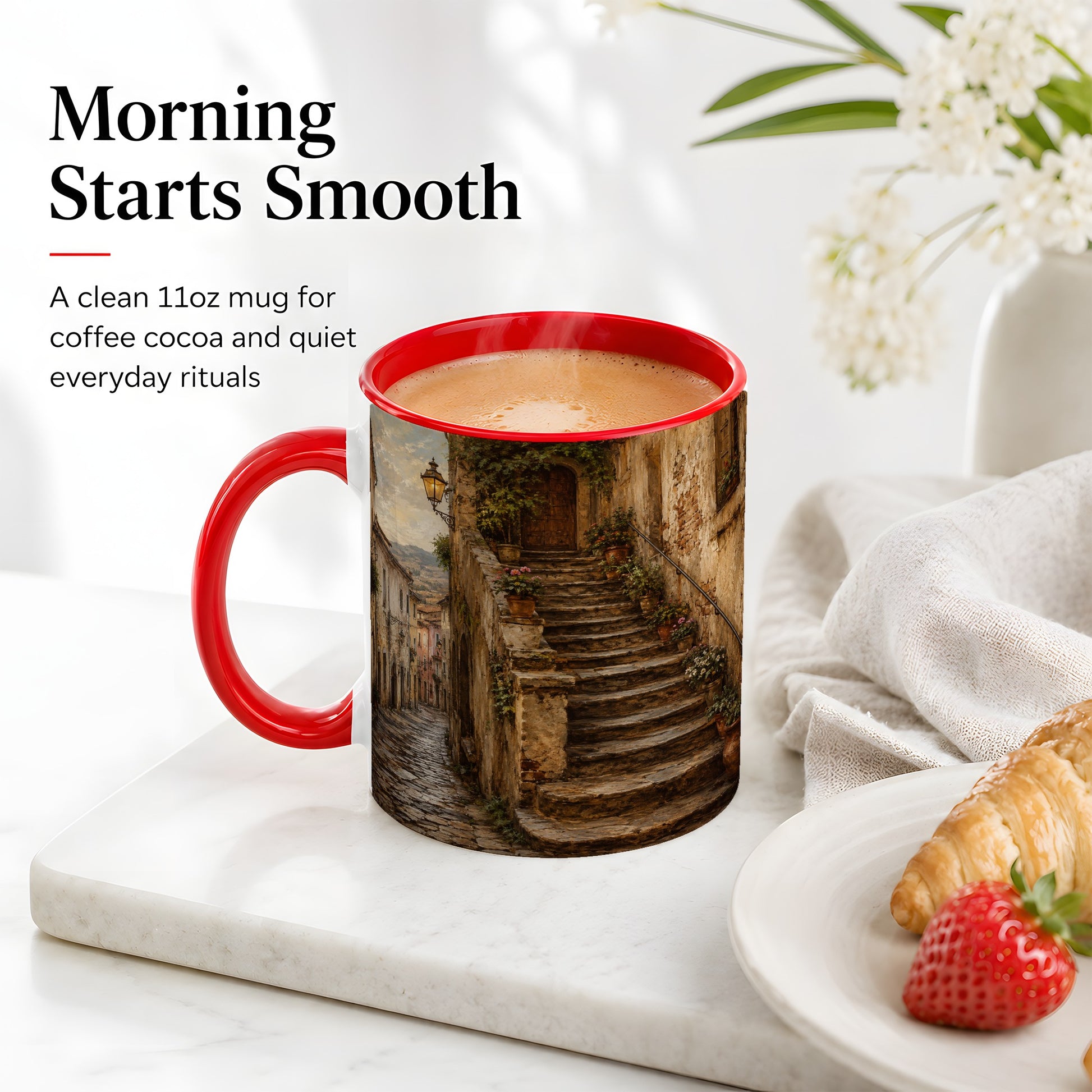 #pl[11oz|Red] Old Village Staircase Ceramic Mug, Rustic European Street Art