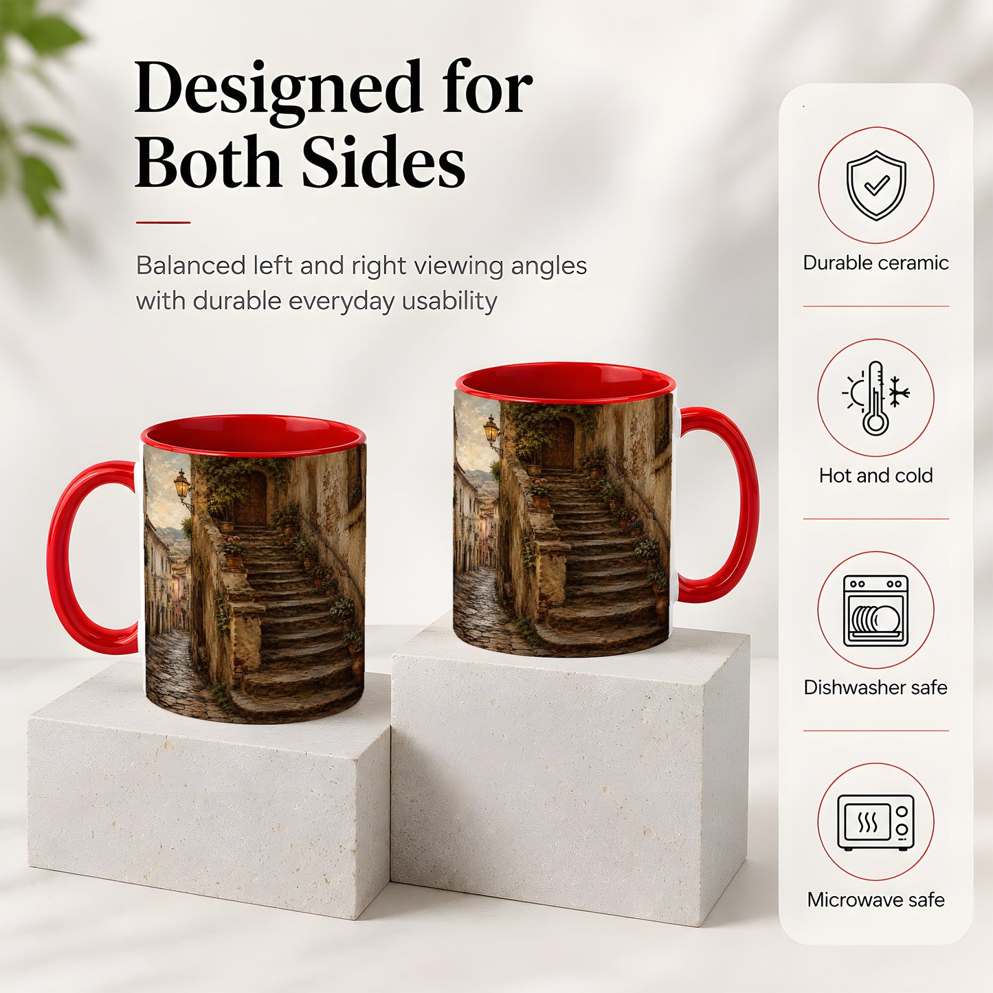#pl[11oz|Red] Old Village Staircase Ceramic Mug, Rustic European Street Art