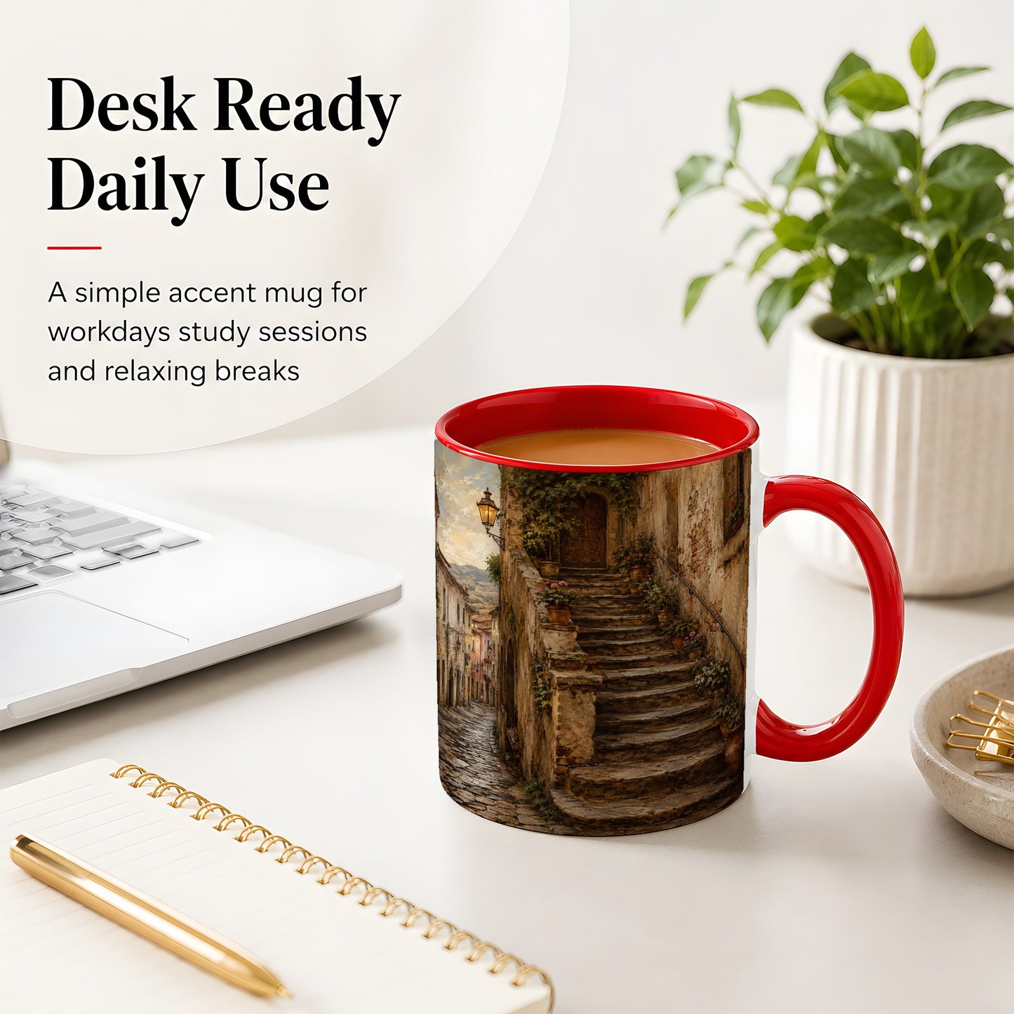 #pl[11oz|Red] Old Village Staircase Ceramic Mug, Rustic European Street Art