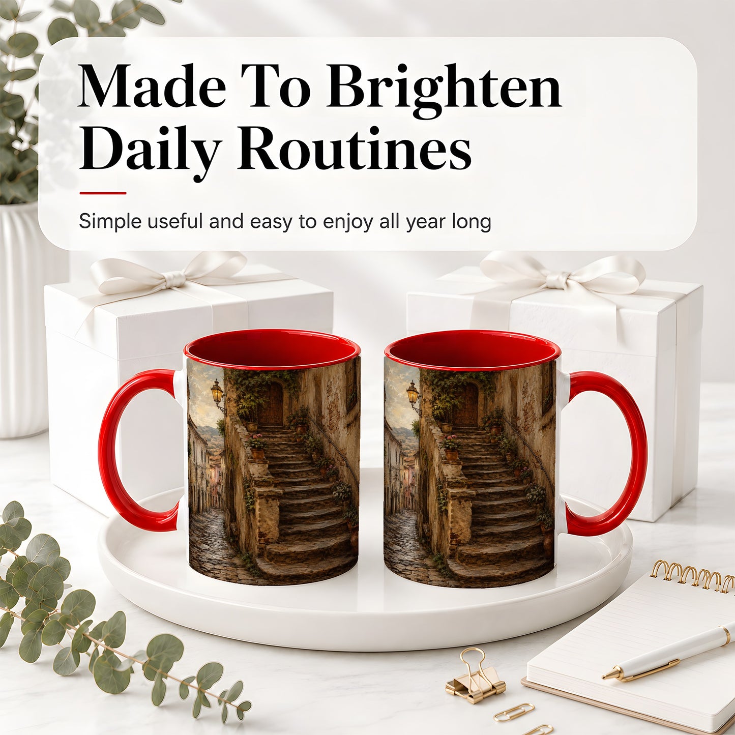 #pl[11oz|Red] Old Village Staircase Ceramic Mug, Rustic European Street Art