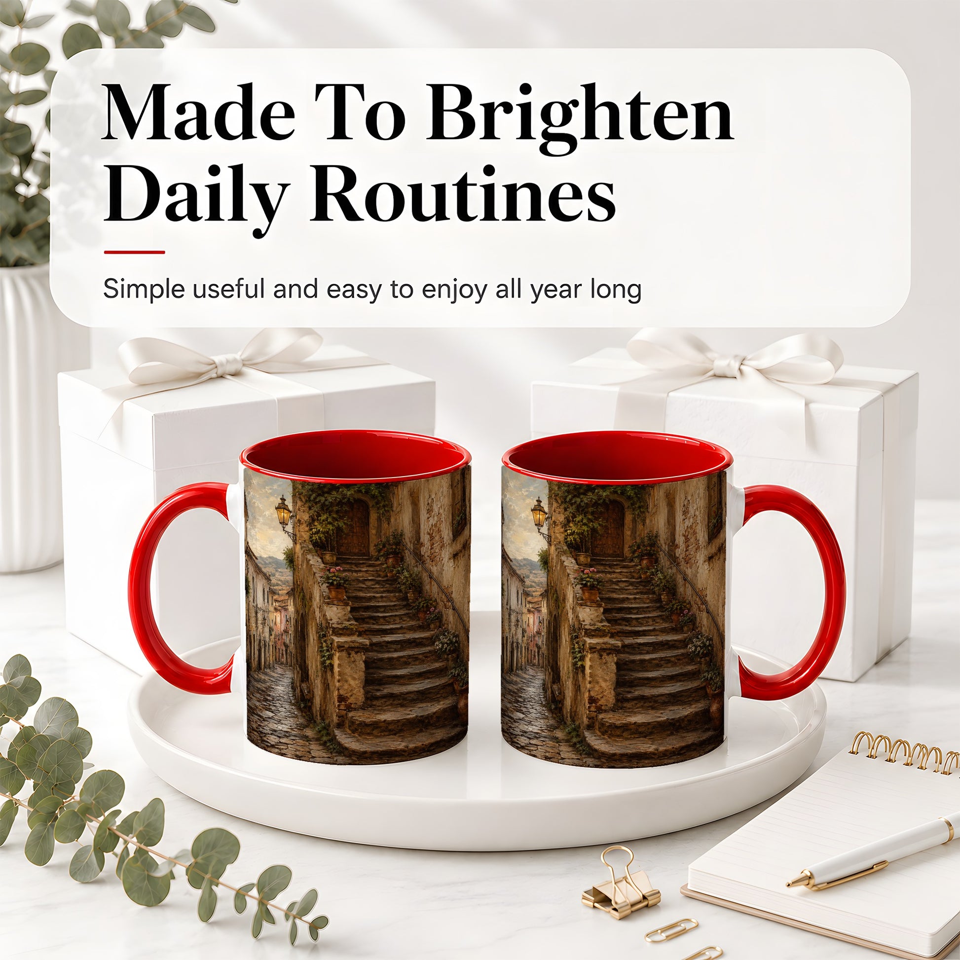 #pl[11oz|Red] Old Village Staircase Ceramic Mug, Rustic European Street Art