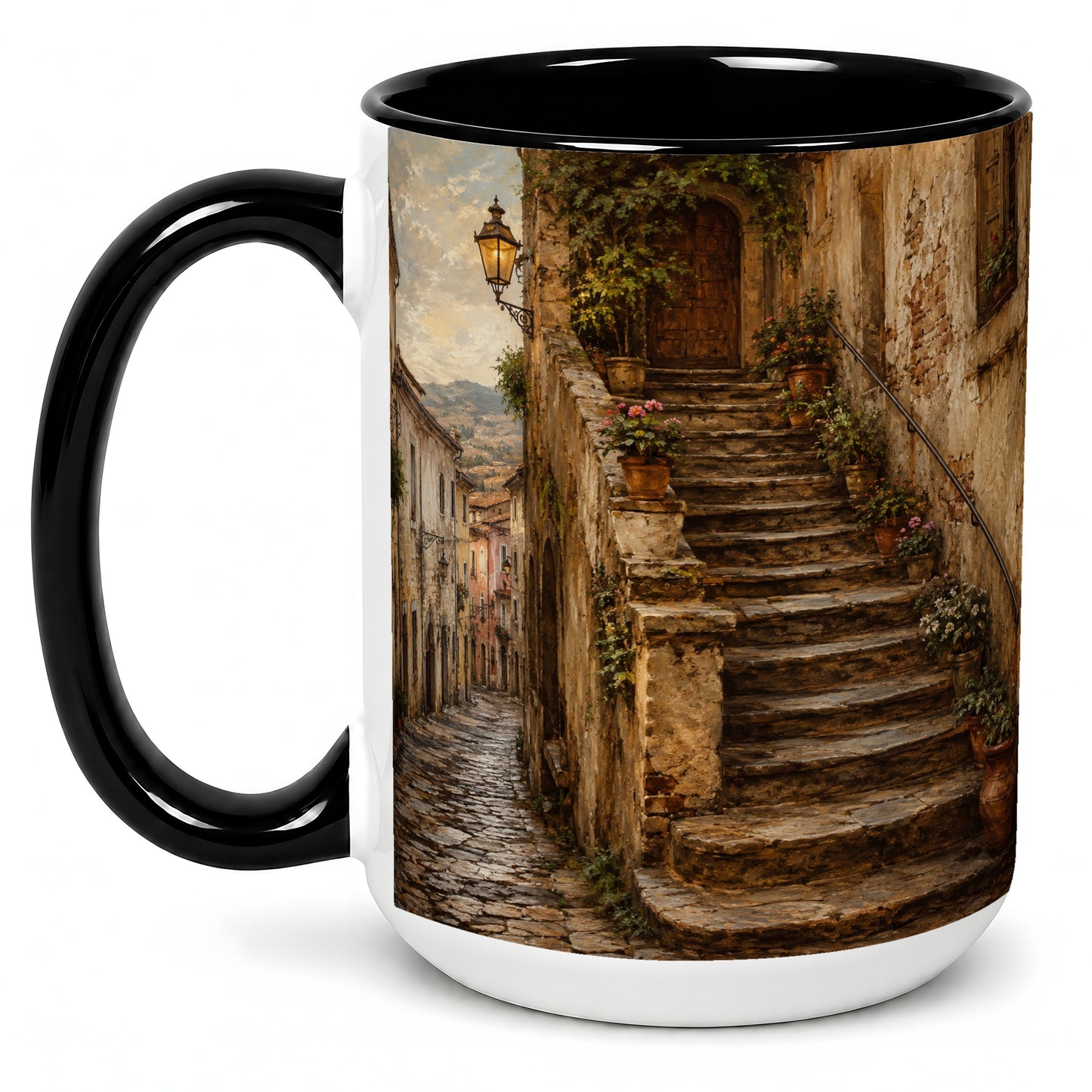 #pl[15oz|Black] Old Village Staircase Ceramic Mug, Rustic European Street Art