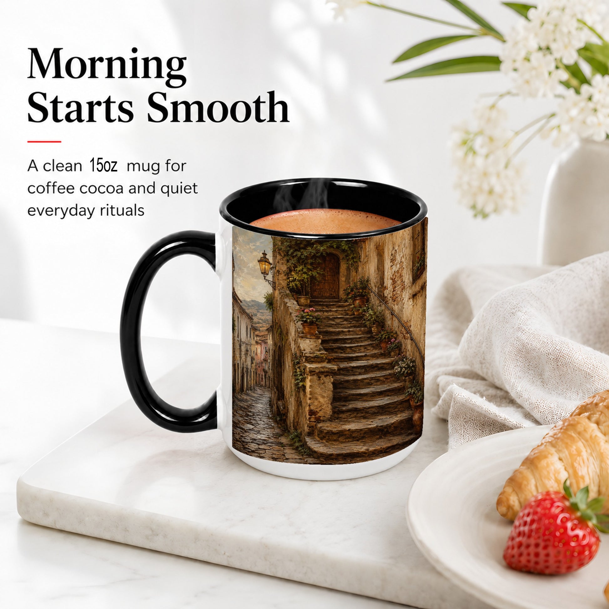 #pl[15oz|Black] Old Village Staircase Ceramic Mug, Rustic European Street Art