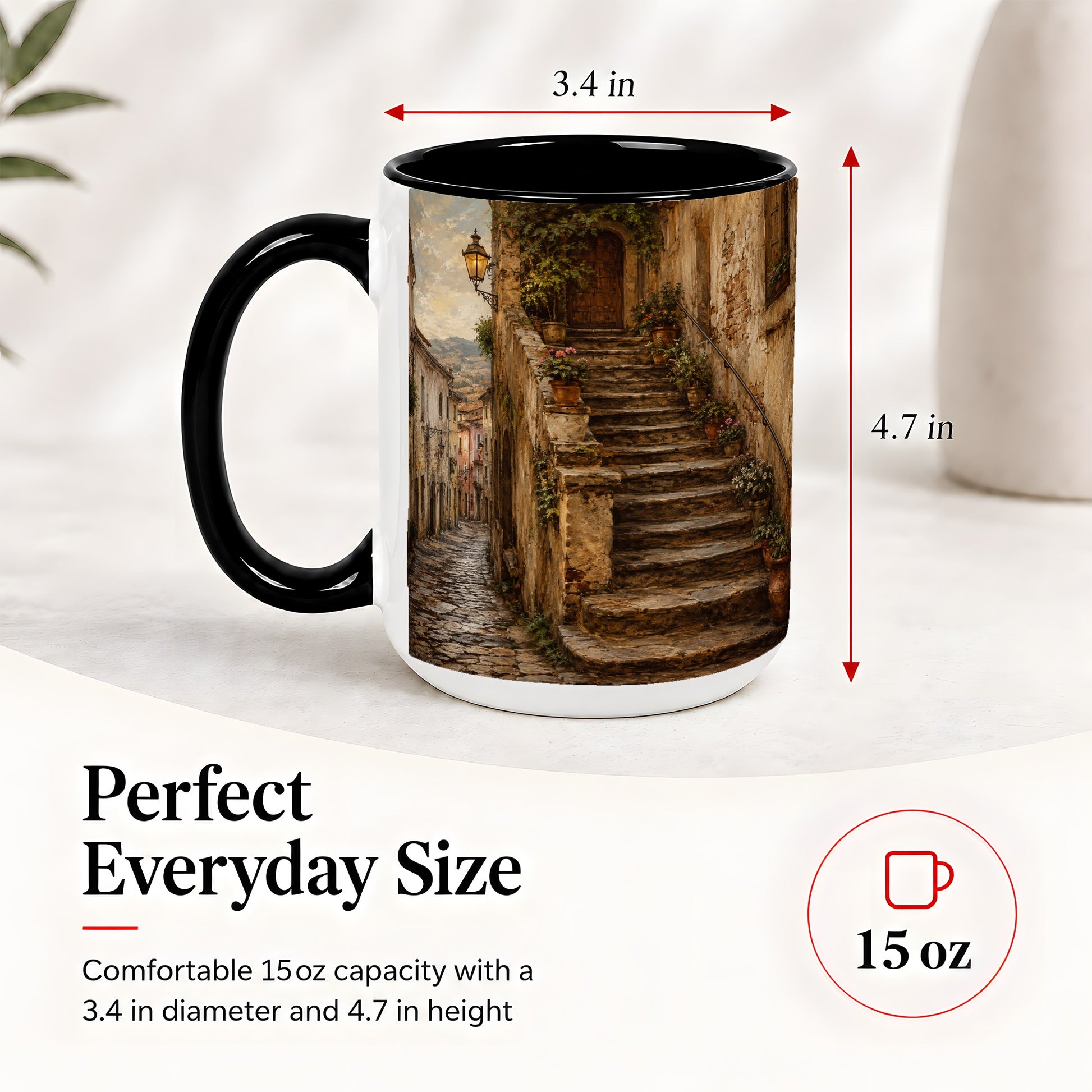 #pl[15oz|Black] Old Village Staircase Ceramic Mug, Rustic European Street Art