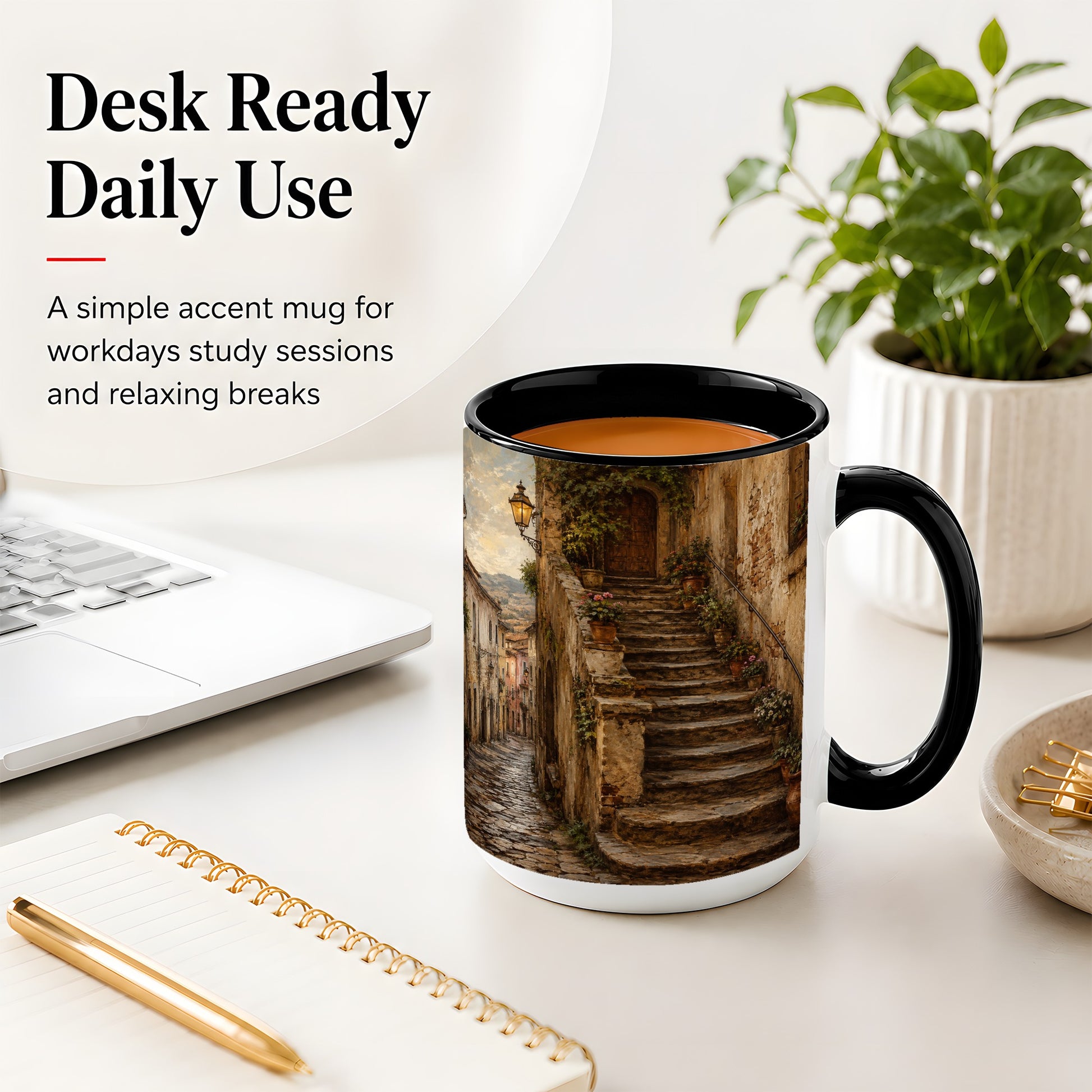 #pl[15oz|Black] Old Village Staircase Ceramic Mug, Rustic European Street Art