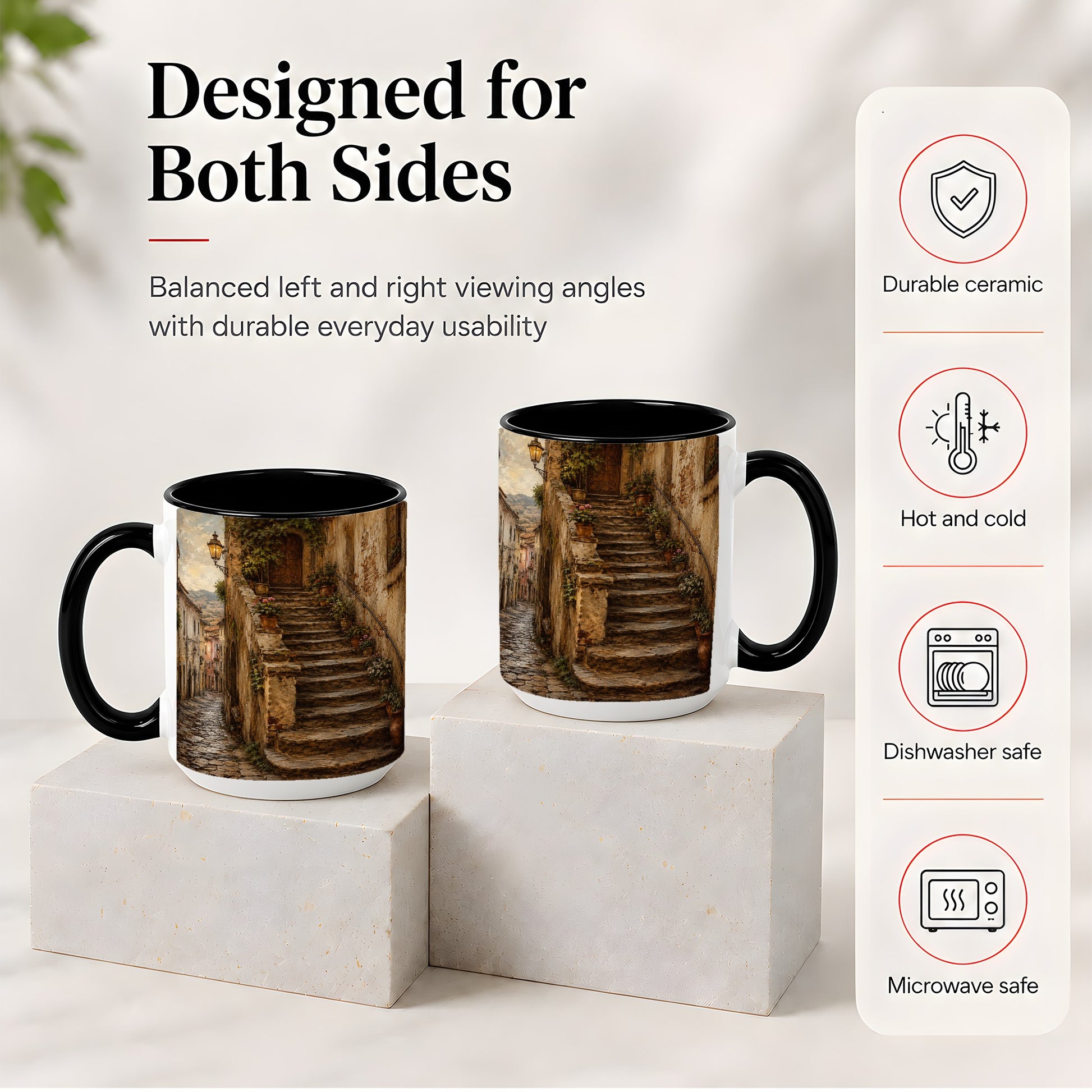 #pl[15oz|Black] Old Village Staircase Ceramic Mug, Rustic European Street Art