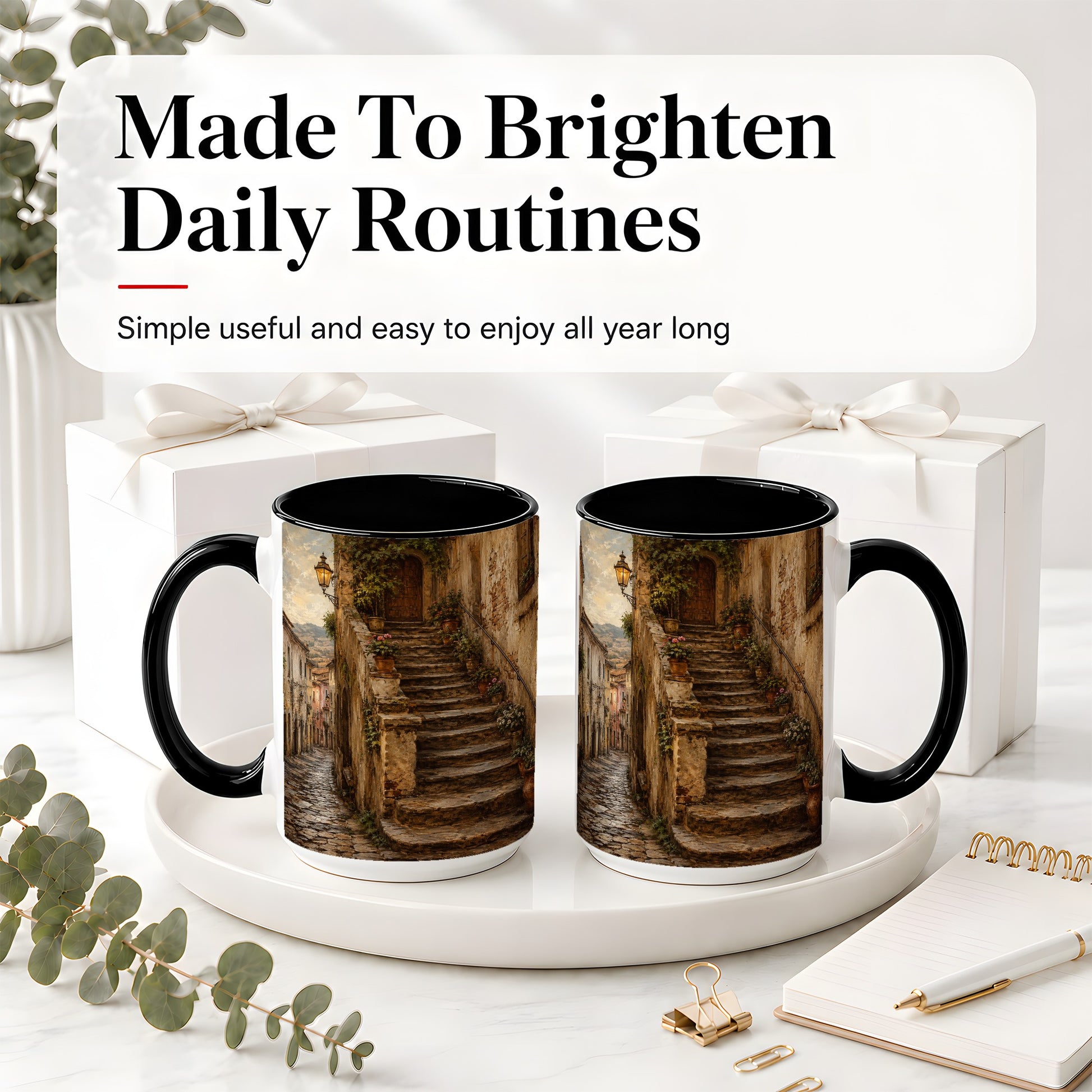 #pl[15oz|Black] Old Village Staircase Ceramic Mug, Rustic European Street Art