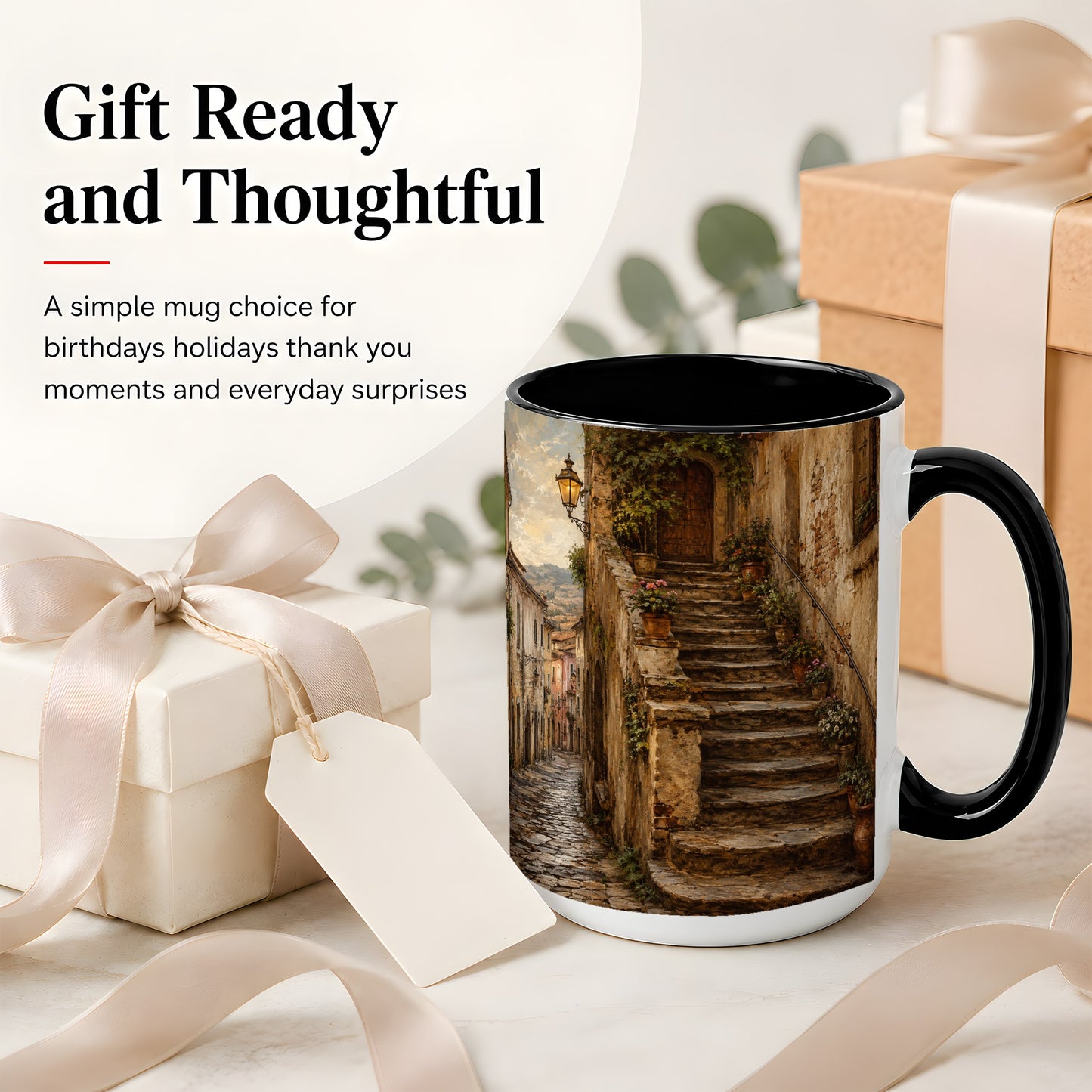 #pl[15oz|Black] Old Village Staircase Ceramic Mug, Rustic European Street Art