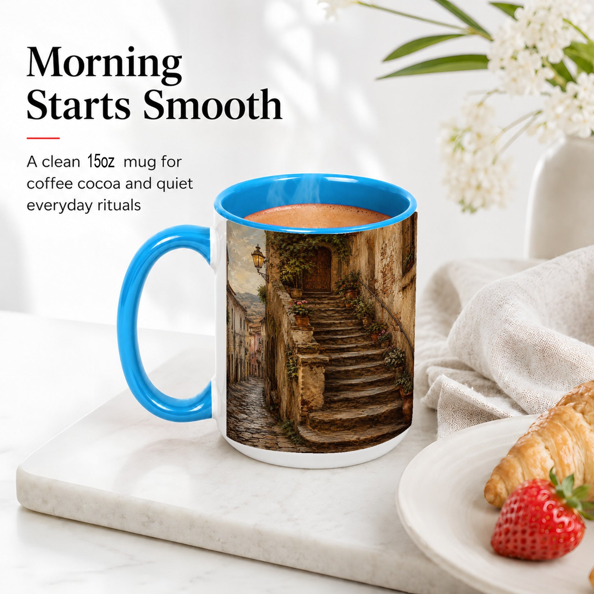 #pl[15oz|Blue] Old Village Staircase Ceramic Mug, Rustic European Street Art
